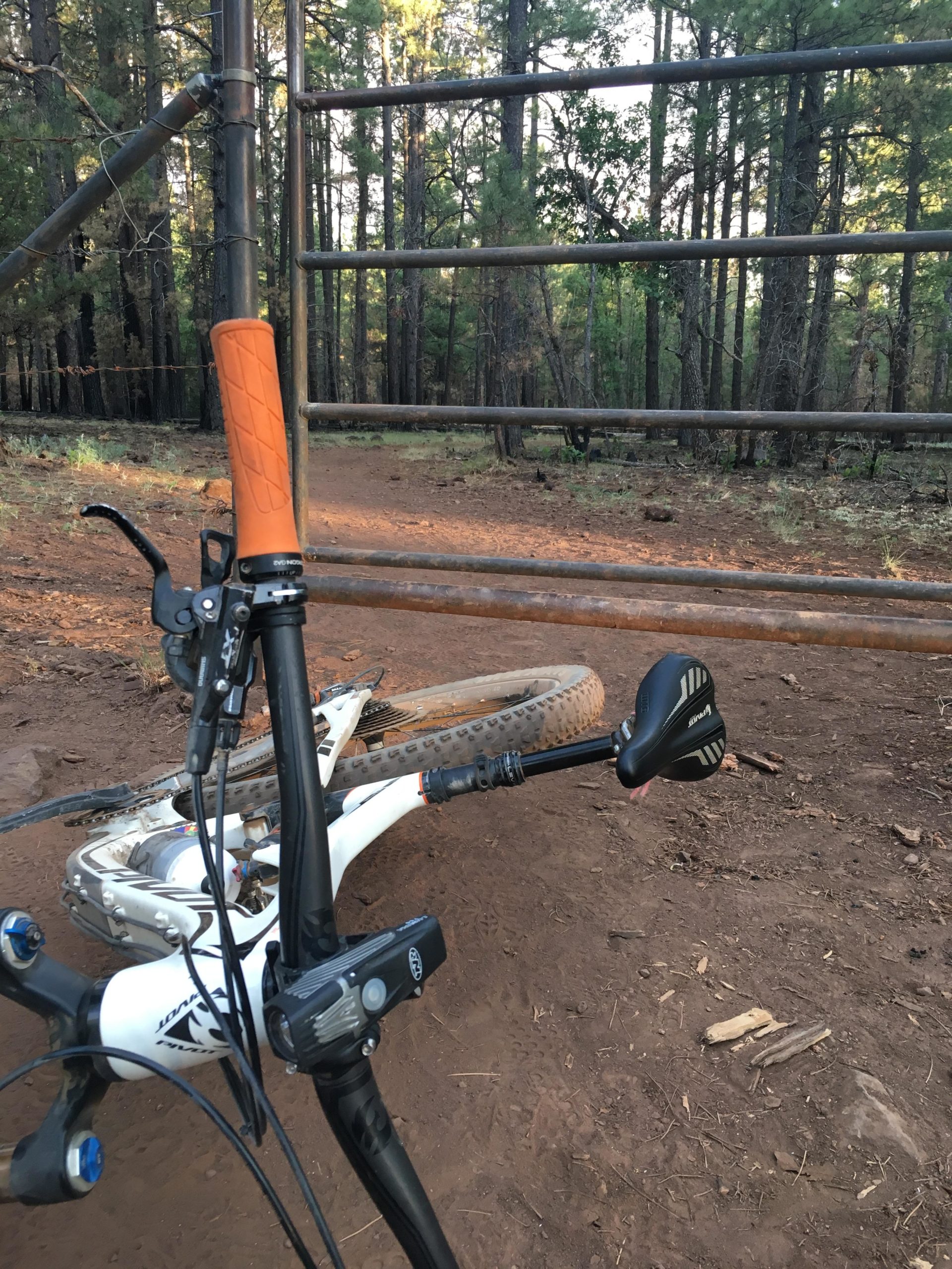 A close-up view of a mountain bike leaning against a metal gate in a forested area. The bike features an orange grip and a black handlebar light, with the trail visible in the background. Sunlight filters through the trees, illuminating the dirt path ahead. Country Club Trail #632 mountain bike trail.