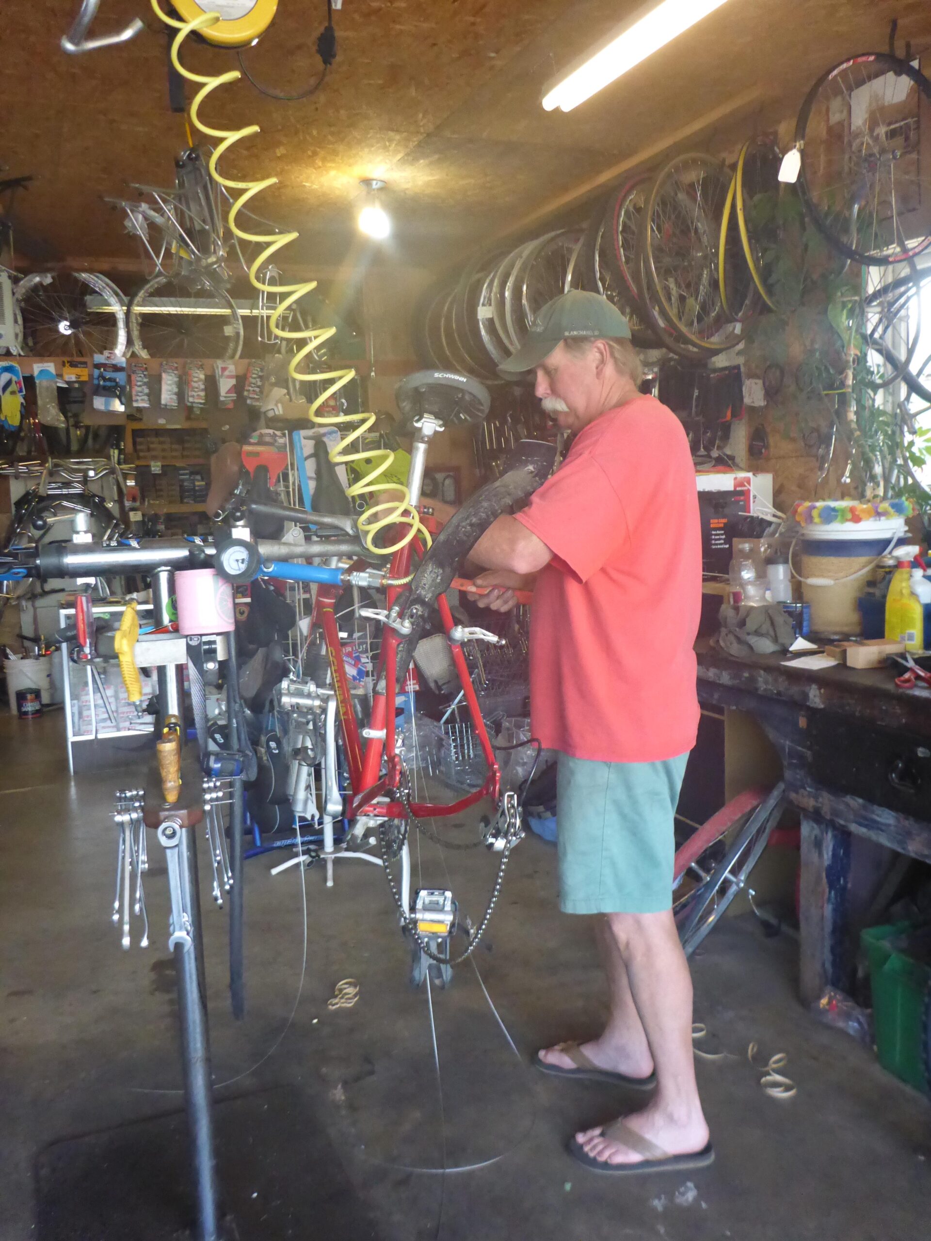 A person working on a bicycle in a well-organized bike shop. They are wearing a red shirt and shorts, standing next to a bicycle mounted on a repair stand, focusing on the bike's components. The shop features various bike parts, tools, and hanging bicycles in the background, with good lighting illuminating the workspace.