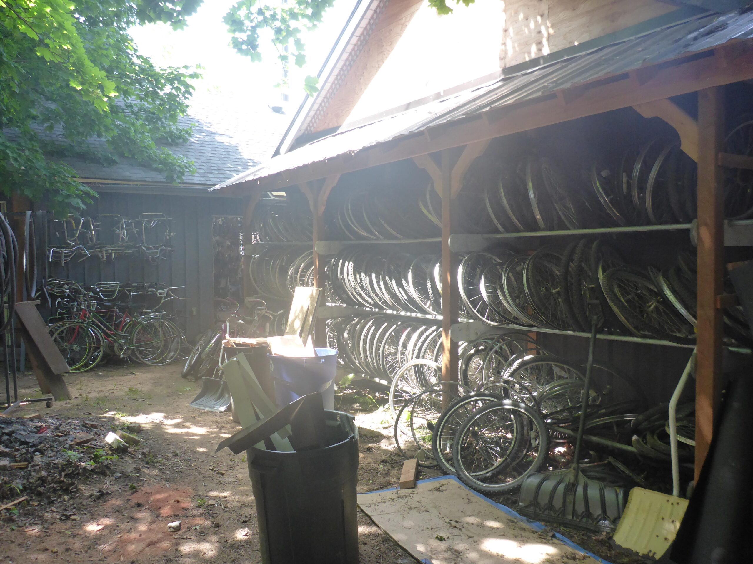 A cluttered outdoor space featuring a wooden structure with shelves displaying numerous bicycle wheels. Surrounding the structure are various bike parts and bicycles, along with scattered debris on the ground. Sunlight filters through nearby trees, illuminating the scene.