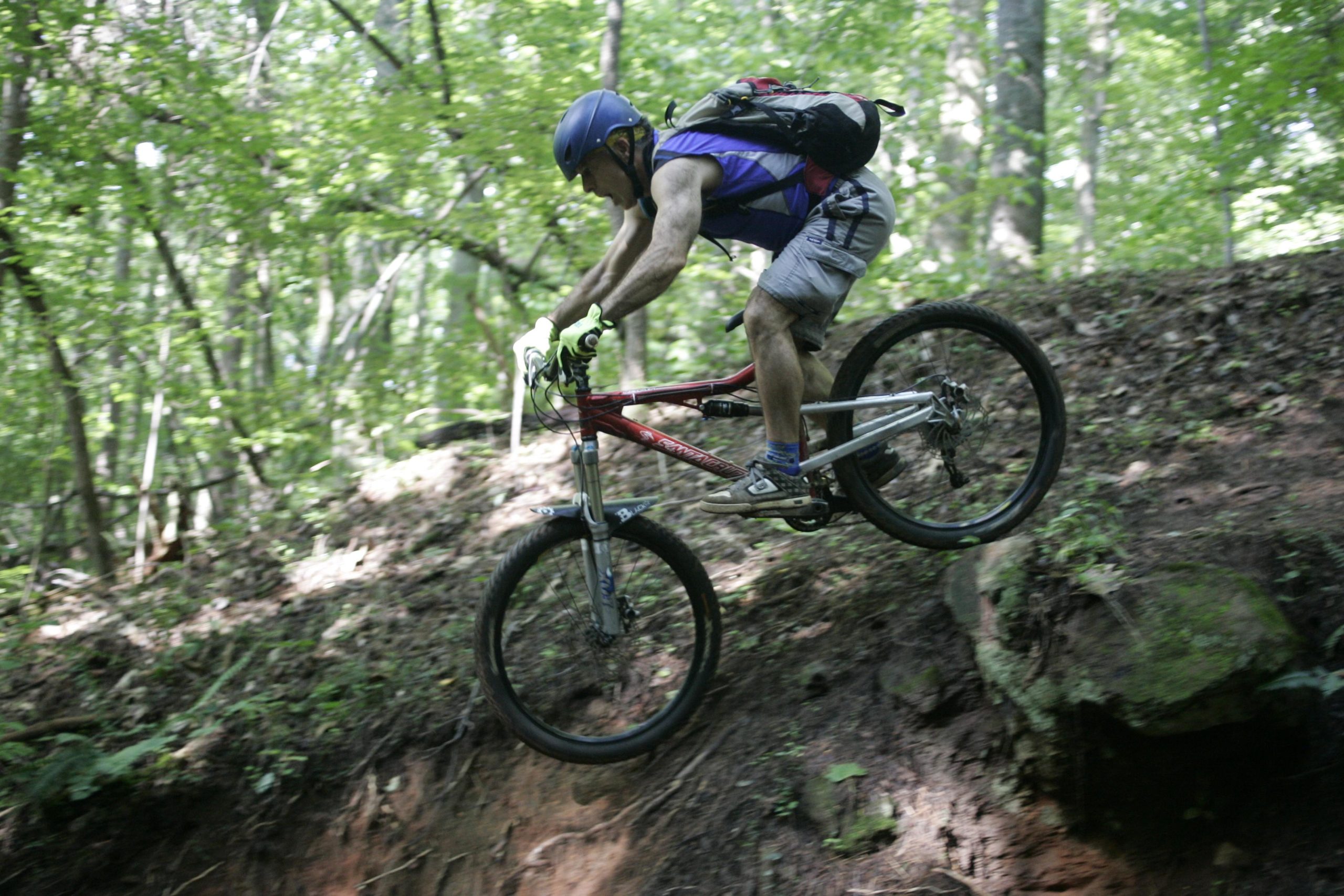 A mountain biker wearing a helmet and gloves leaps off a small embankment onto a trail surrounded by lush green trees. The biker is captured mid-air, with a focused posture, showcasing an action shot in a forested area. Salem Lake mountain bike trail.