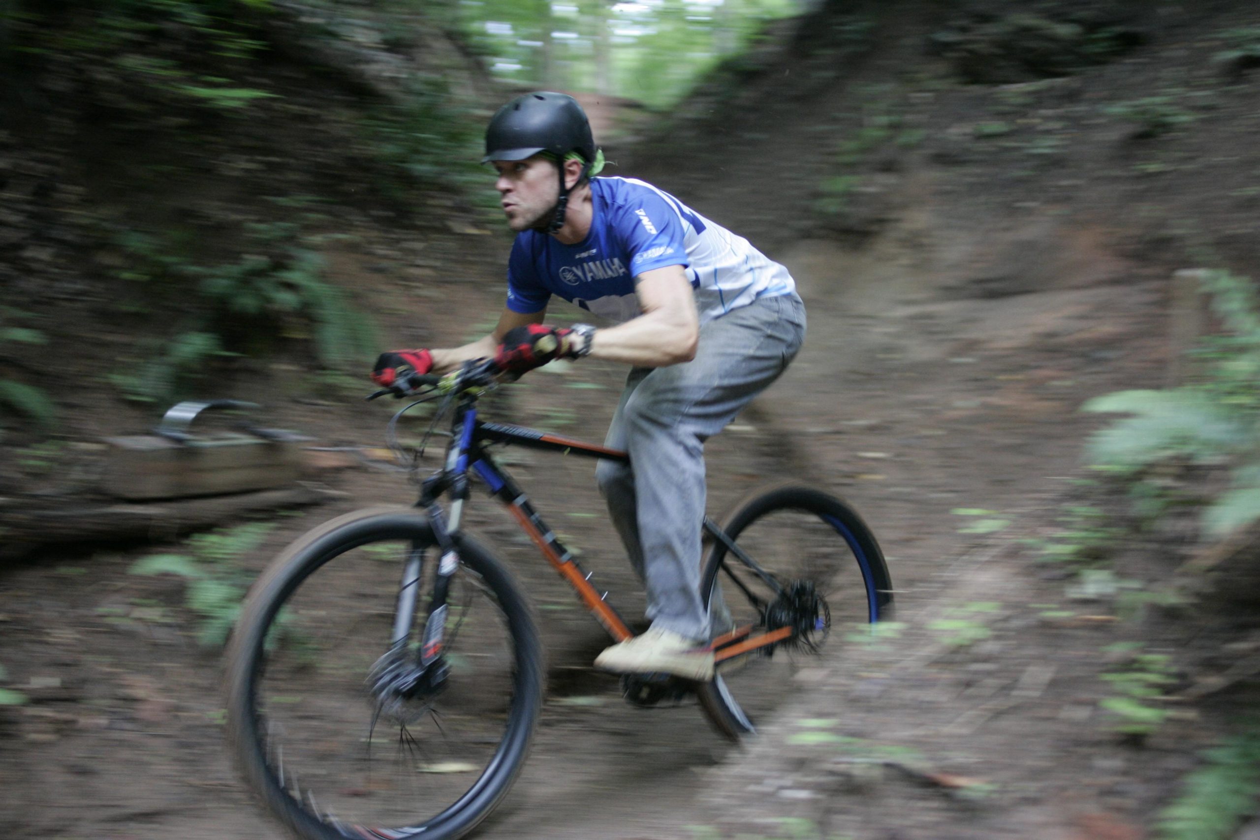 A mountain biker navigating a curved trail in a forested area, wearing a helmet and gloves. The bike is in motion, creating a sense of speed, as the rider leans into the turn. Lush greenery surrounds the path, enhancing the outdoor adventure atmosphere. Salem Lake mountain bike trail.