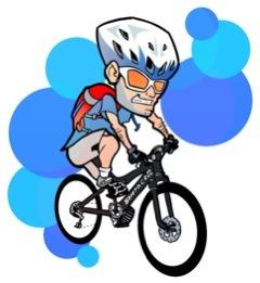 Yeti SB4.5c: A cartoon character wearing a helmet and sunglasses rides a black mountain bike, wearing a blue shirt and shorts, with a red backpack. The background features abstract blue circles.