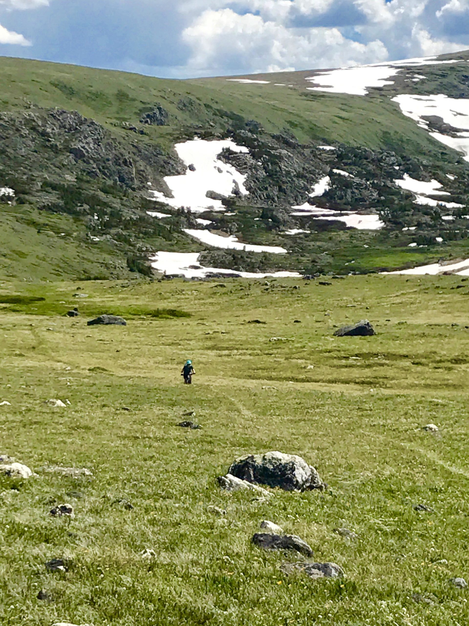 A lone hiker walking through a vast, grassy landscape dotted with rocks, with snow patches visible on distant hills under a partly cloudy sky. Line Creek Plateau mountain bike trail.