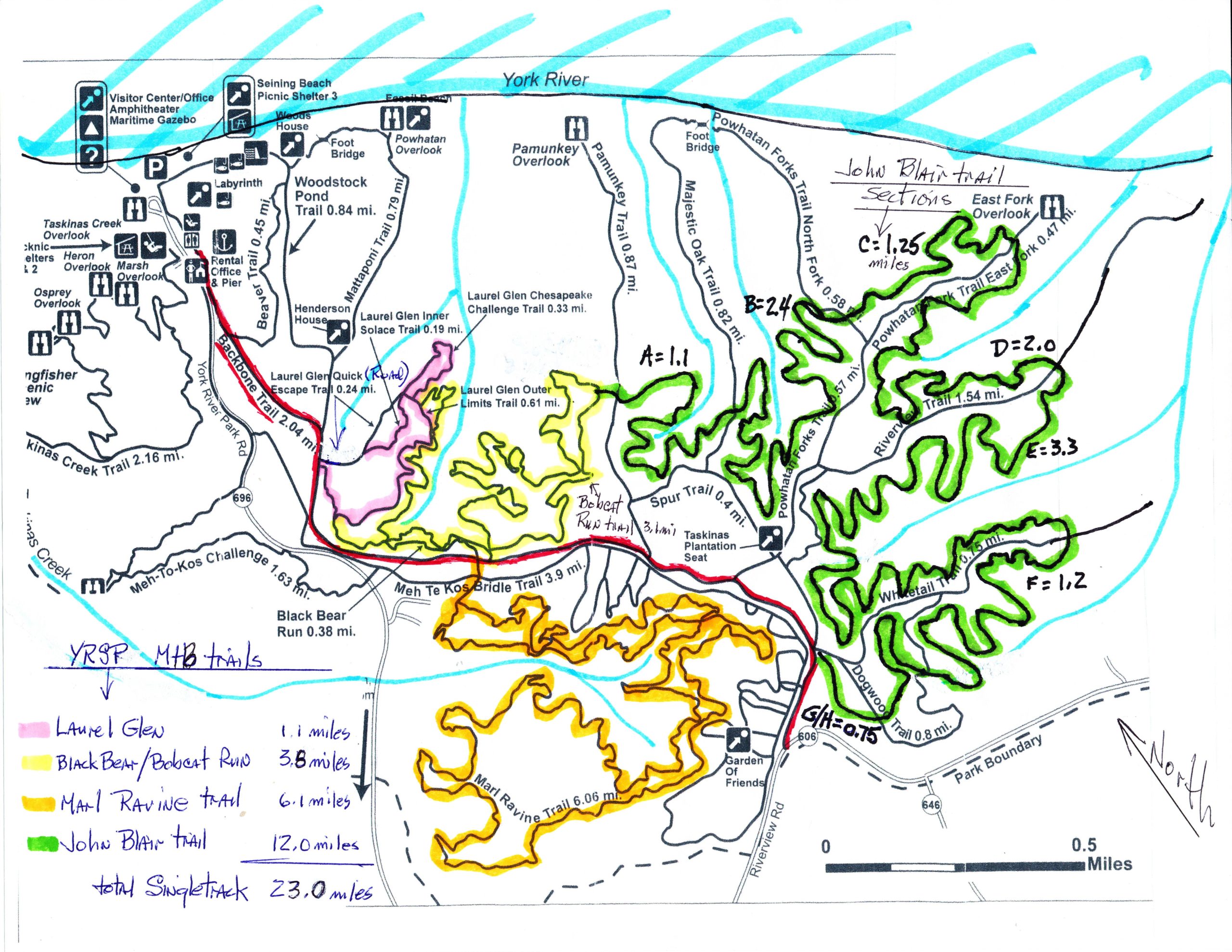 Map of York River State Park trails, featuring various marked trails with distances labeled. Includes locations such as visitor centers, overlooks, and specific trail names like the John Blair Trail, Black Bear Run, and others. The map indicates total trail lengths and distances between points, with color-coded paths representing different trails. York River State Park mountain bike trail.