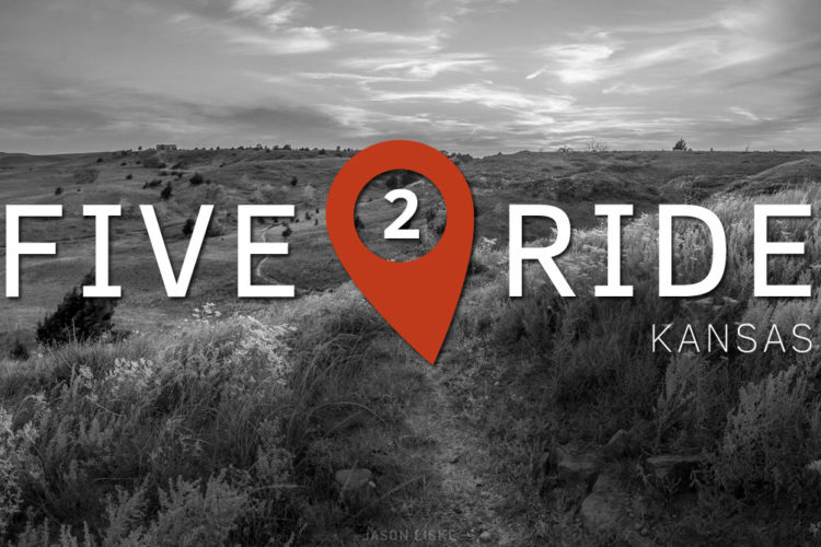 Alt text: A scenic black and white landscape of grassy hills with text overlay that reads "FIVE 2 RIDE KANSAS" and a red location pin graphic.