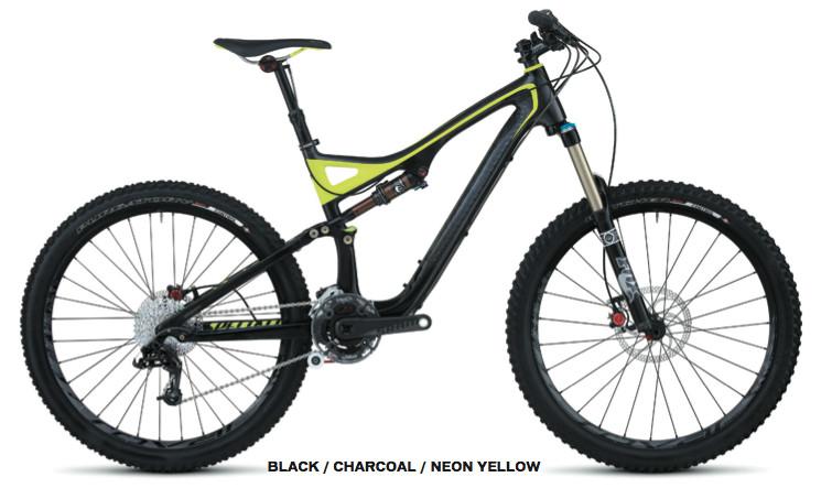 Specialized Stumpjumper FSR Expert EVO Carbon: Alt text: A mountain bike featuring a sleek design in a color scheme of black, charcoal, and neon yellow. The bike is equipped with wide tires and has front suspension, suitable for off-road riding.