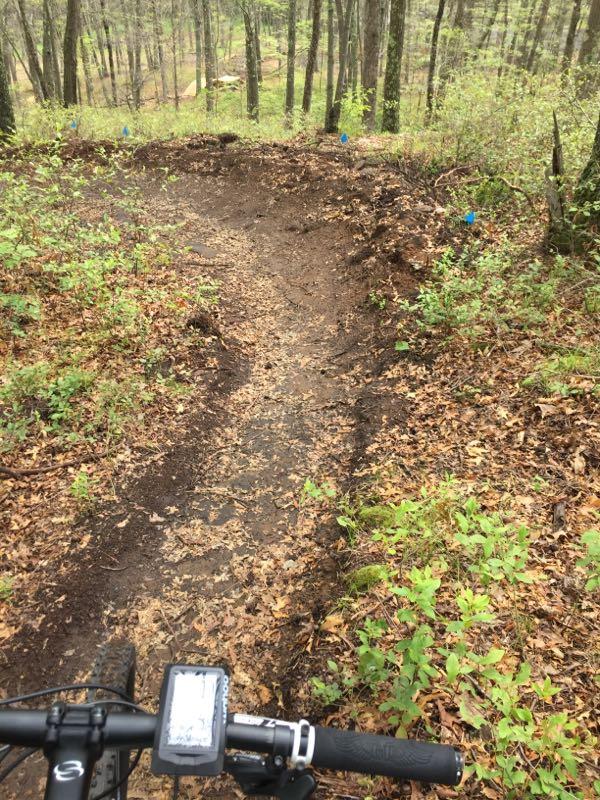 A view along a dirt biking trail in a wooded area, showing a narrow path with some uneven spots and patches of green foliage and fallen leaves. The handlebars of a mountain bike are visible in the foreground, along with a mounted display. Blue markers can be seen along the trail, indicating the route. Rockland Preserve mountain bike trail.