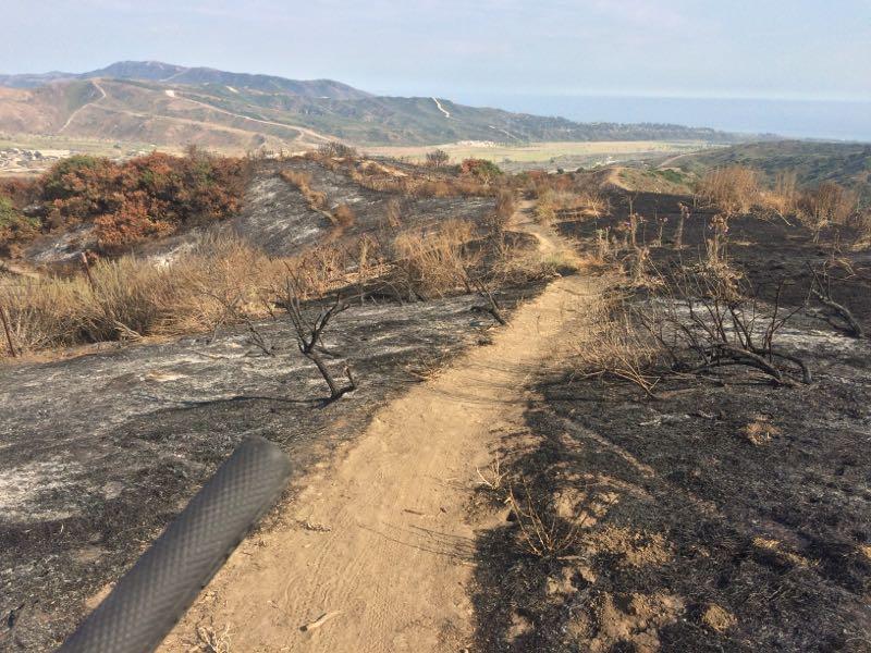 A burned trail winding through a landscape charred by wildfire, with blackened vegetation on either side and a view of distant hills and a body of water in the background. San Clemente Singletracks mountain bike trail.