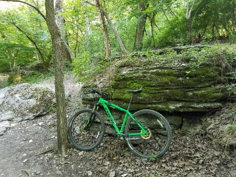 A green mountain bike leaning against a moss-covered rock in a forested area, surrounded by trees and fallen leaves on the ground. Swope Park Trail mountain bike trail.