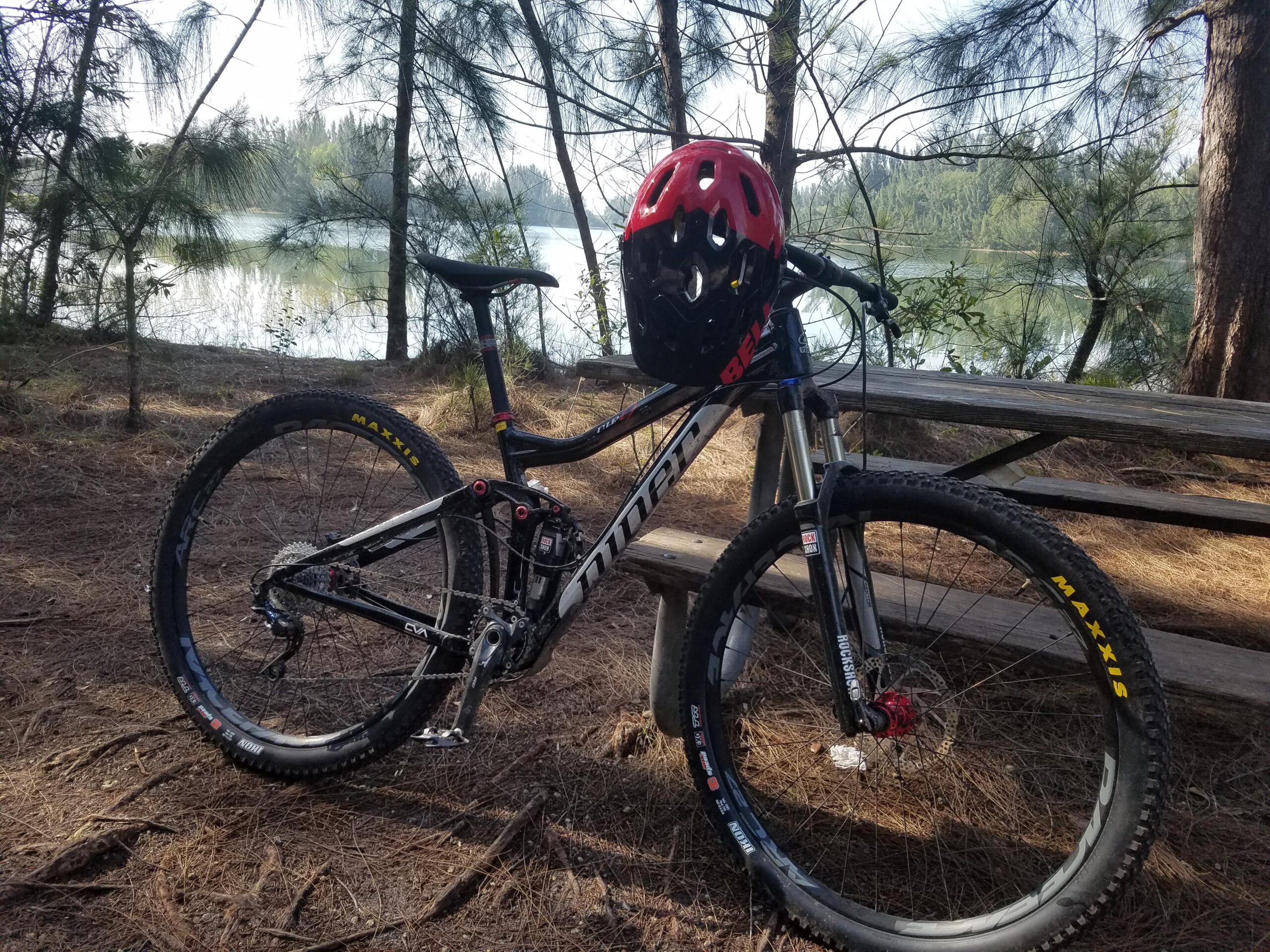 Niner RIP 9: A mountain bike with a red helmet resting on the handlebars, positioned near a picnic table among tall pine trees, with a calm lake visible in the background.