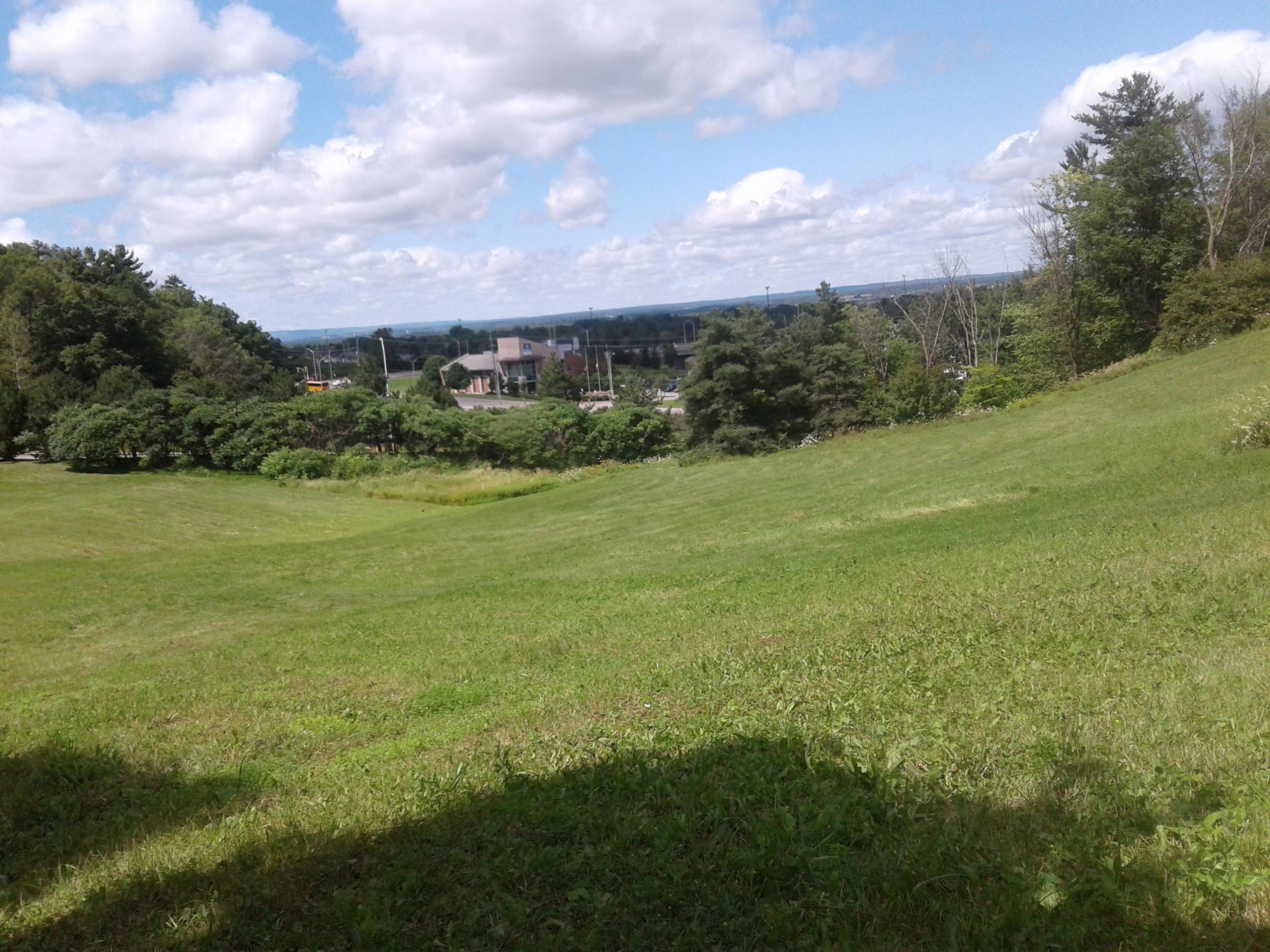 A view of a green, sloping meadow with trees on the left side, leading down to a roadside area with businesses in the background. The sky is partly cloudy with patches of blue, and there are hills visible in the distance. Fallingbrook mountain bike trail.