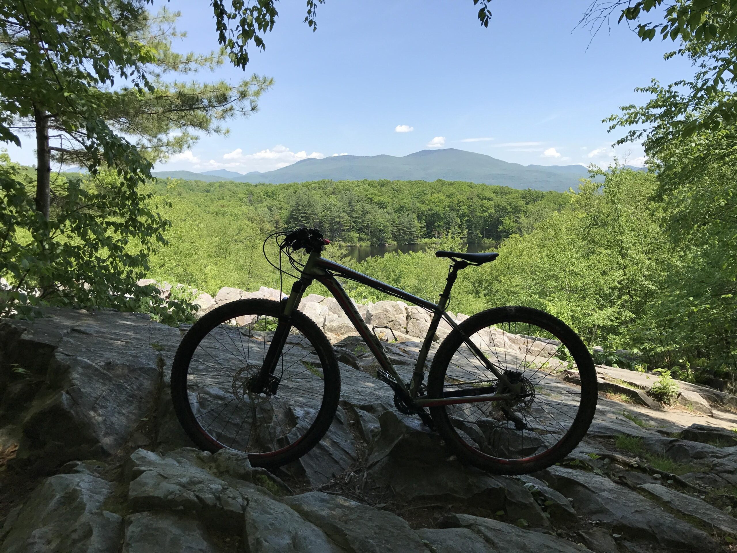 Specialized Crave Expert 29: A mountain bike rests on rocky terrain overlooking a lush green landscape and distant mountains under a clear blue sky.
