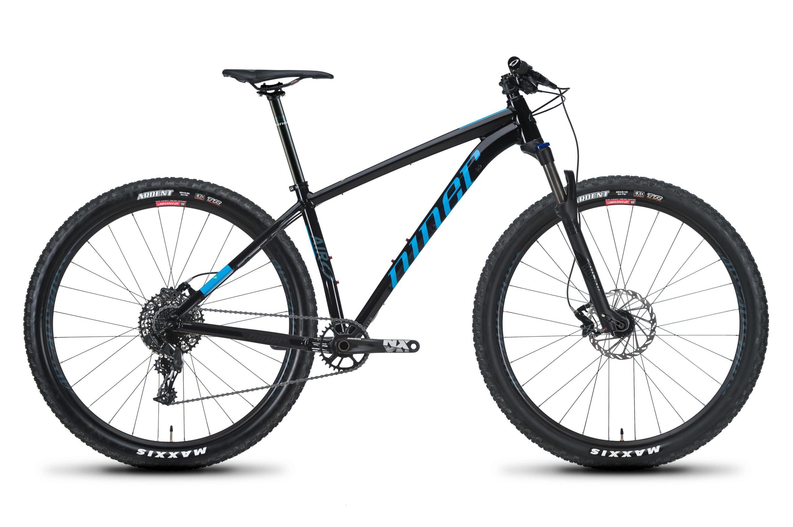 Niner Air 9: A black mountain bike with blue accents, featuring wide tires and a sturdy frame. The bike includes a front suspension fork, disc brakes, and a gear setup suitable for off-road riding. It is positioned on a white background.