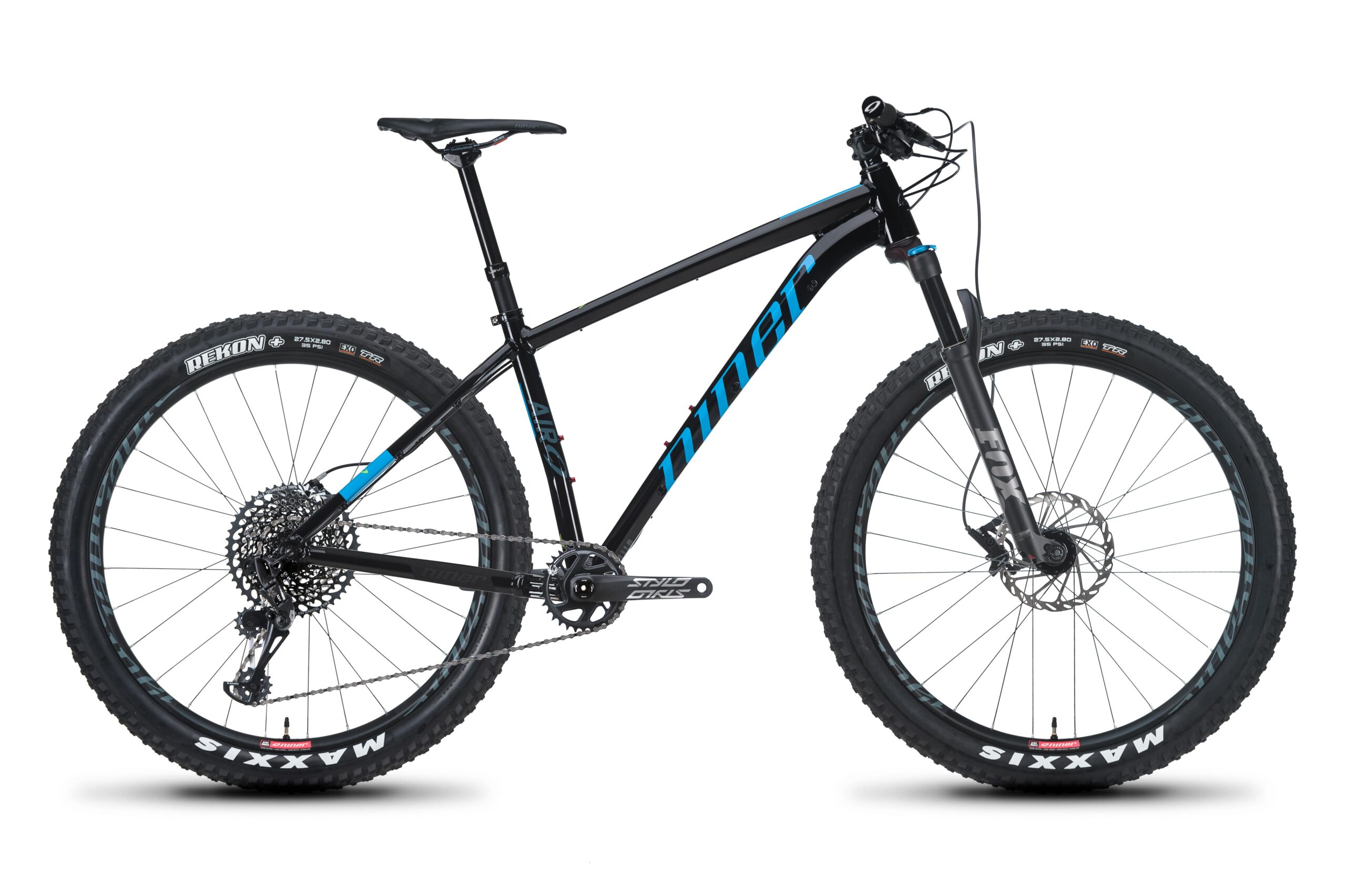Niner Air 9: A black and blue mountain bike with wide tires, a lightweight frame, and disc brakes, displayed against a plain white background. The bike features a dropper seat post and a modern gear system for off-road riding.