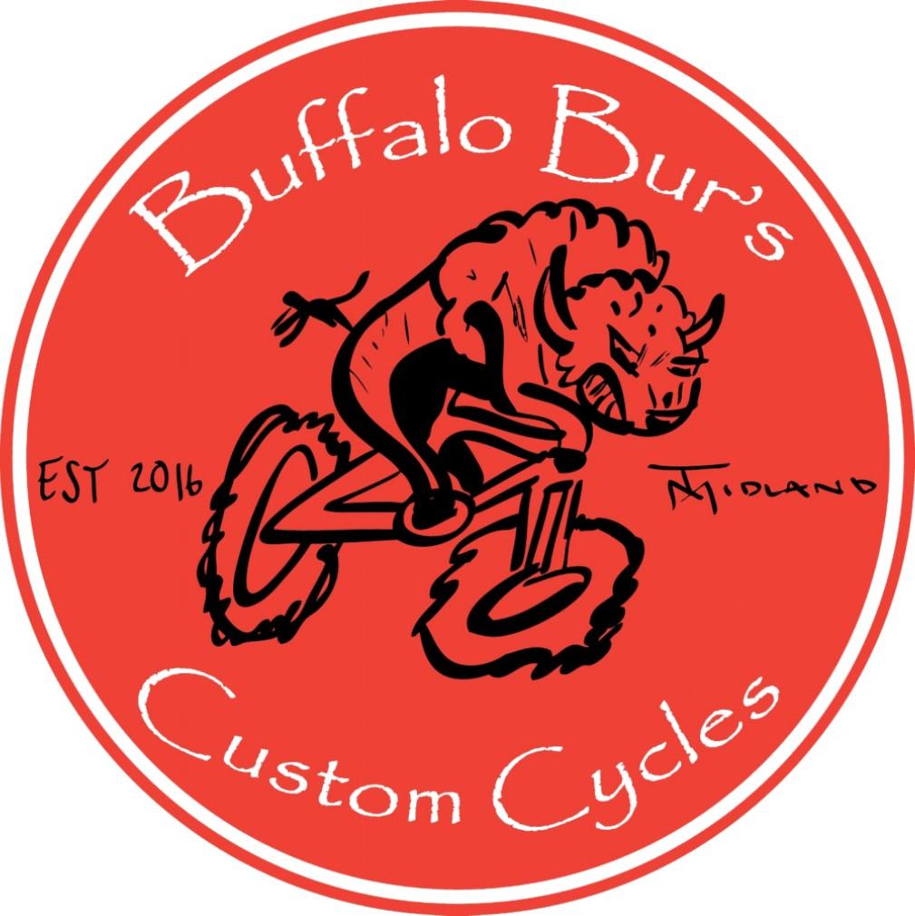 A circular logo featuring a red background with a stylized illustration of a buffalo riding a bicycle. The text "Buffalo Bur's" is displayed at the top, with "Custom Cycles" at the bottom, and "EST 2016" is positioned on the left side of the logo. The design has a playful and energetic vibe, emphasizing custom bicycle craftsmanship.