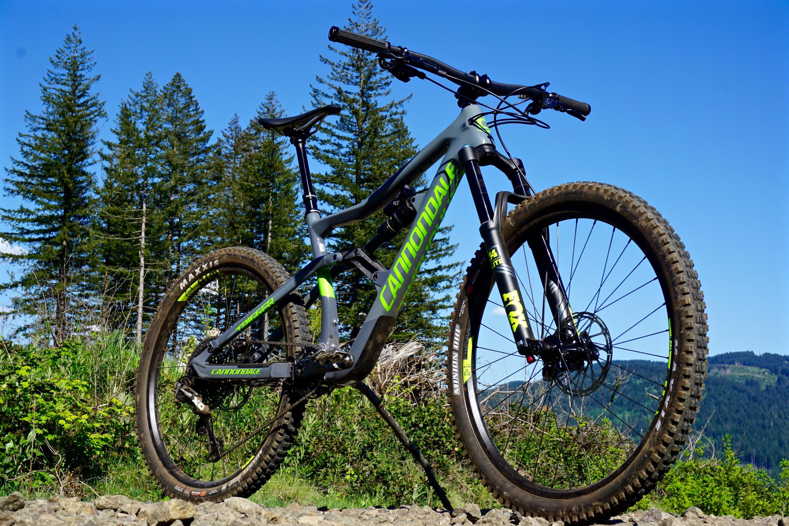 Cannondale Trigger: A modern mountain bike with a gray and green frame, set against a backdrop of evergreen trees and blue sky. The bike features thick, knobby tires designed for off-road terrain and is positioned on rocky ground.
