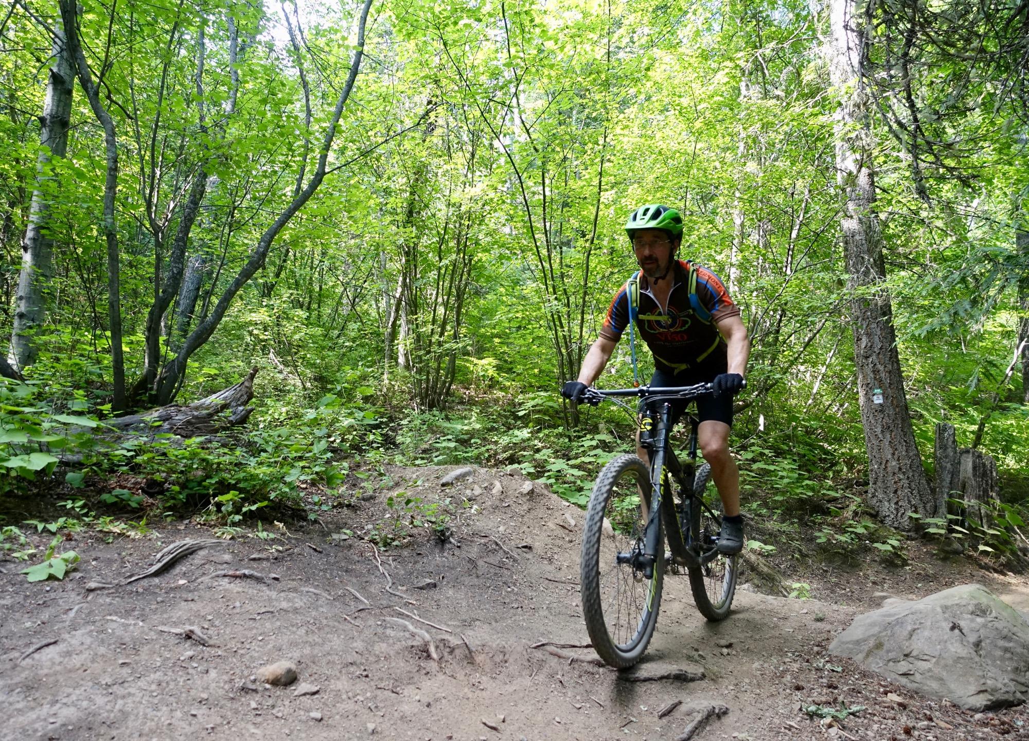 A mountain biker riding along a dirt trail in a lush green forest, surrounded by trees and greenery. The cyclist is wearing a bright green helmet and a colorful jersey, demonstrating active riding on a rocky path. Swine Flu Loop mountain bike trail.