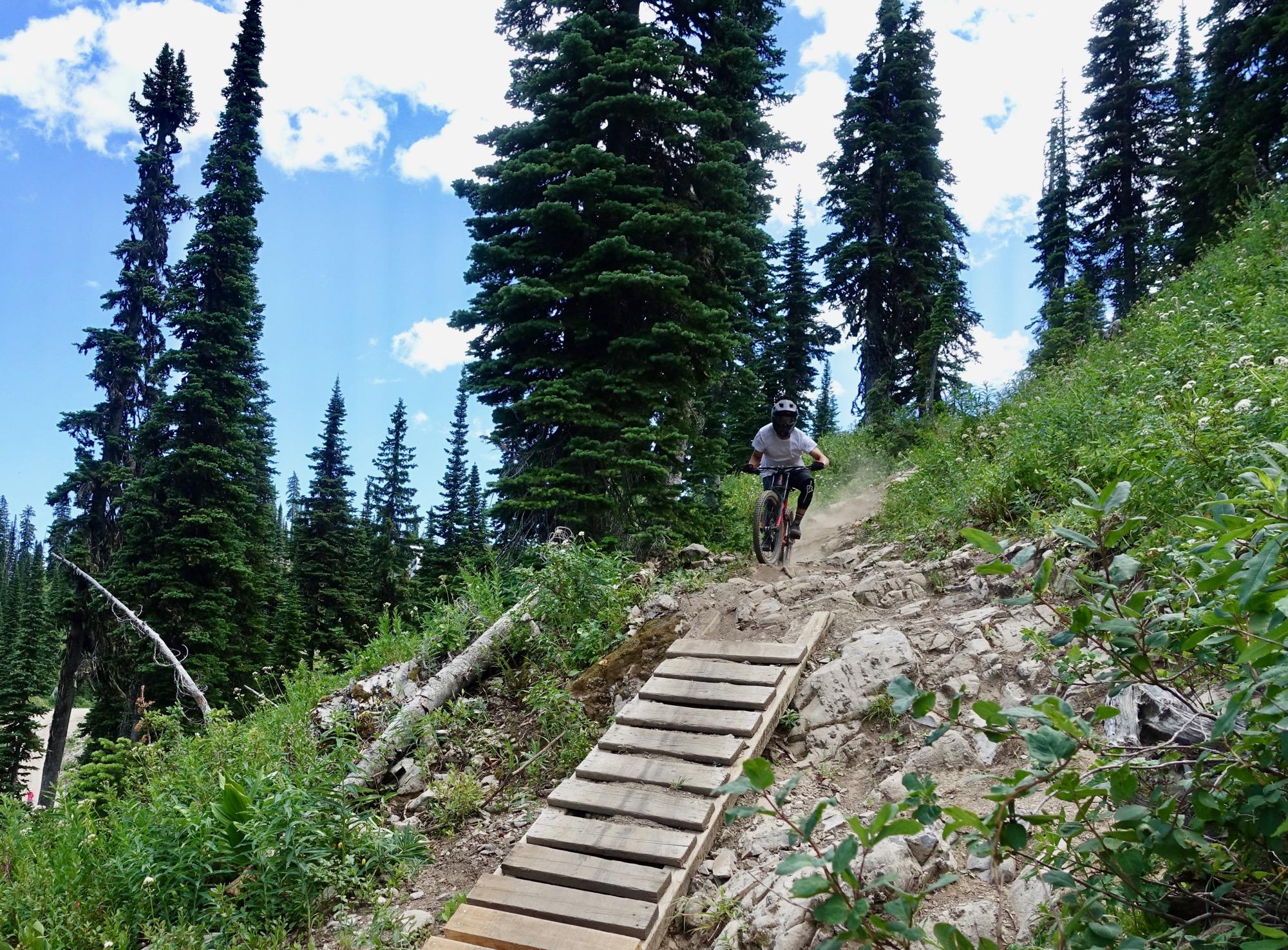 A mountain biker riding down a rugged dirt trail surrounded by tall pine trees, with a wooden ramp visible in the foreground. The sky is partly cloudy, and dust is kicked up as the biker navigates the trail. Rumplestumpskin mountain bike trail.
