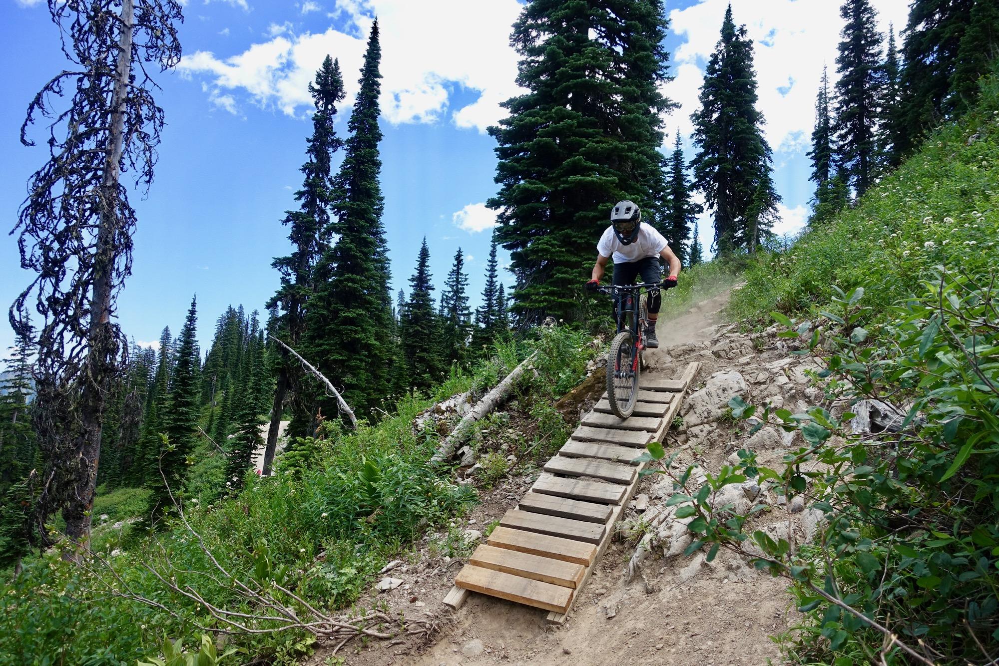 A person riding a mountain bike down a wooden ramp on a rocky trail surrounded by tall, green pine trees under a bright blue sky. Dust is kicking up behind the bike as it navigates the steep descent. Rumplestumpskin mountain bike trail.