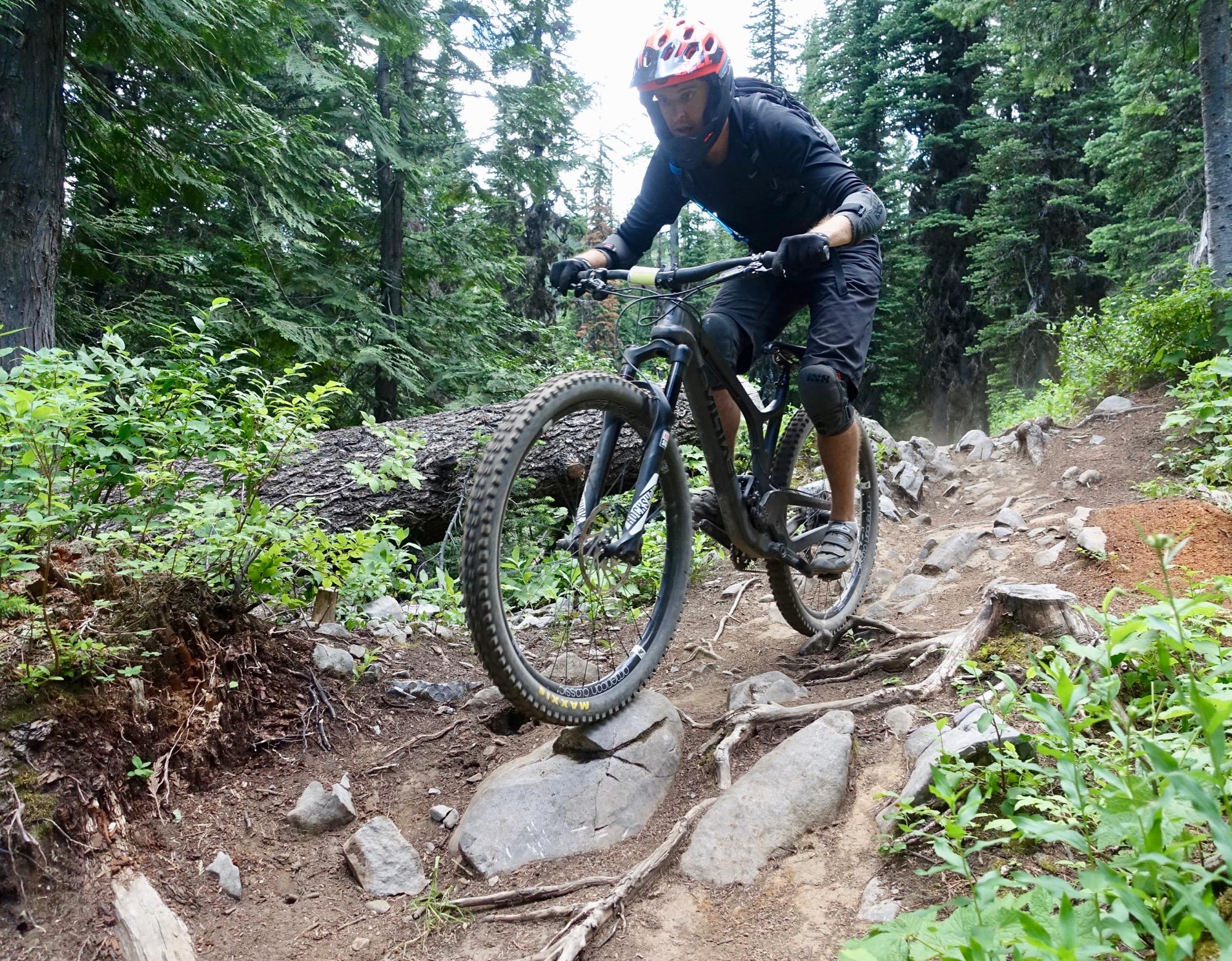 A mountain biker navigating a rocky trail in a lush forest, with green plants and trees surrounding. The biker is in an active pose, mid-jump over a section of the path, wearing protective gear and a helmet. Dust is rising from the ground, highlighting the rugged terrain. Rumplestumpskin mountain bike trail.