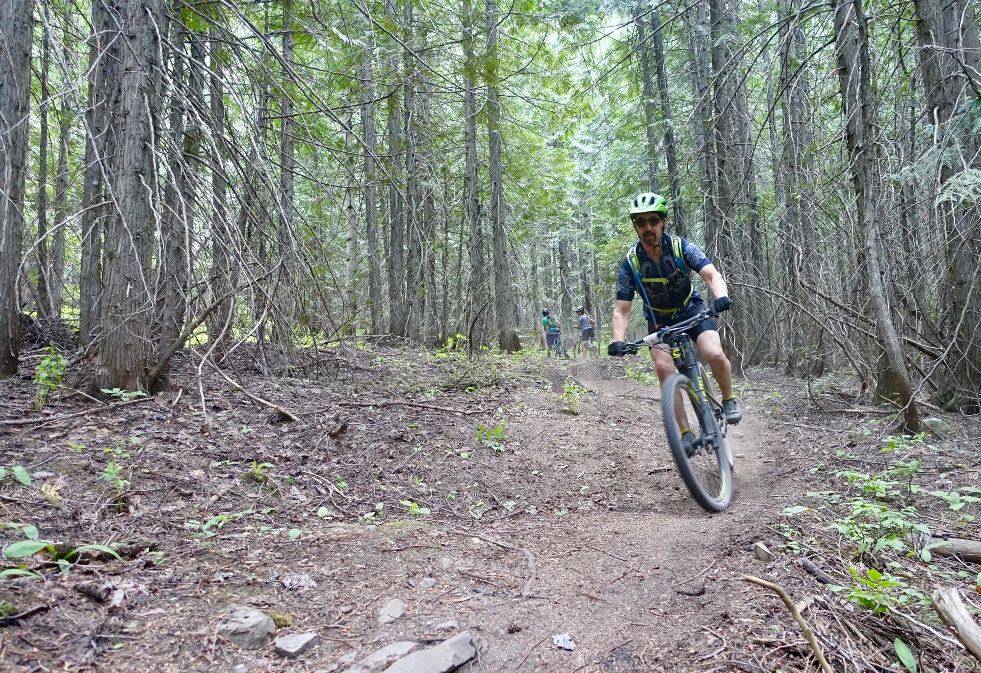 A mountain biker riding along a dirt trail through a dense forest, surrounded by tall trees and greenery. Another cyclist can be seen in the background, adding to the scene of outdoor activity in nature. Mount Fernie Provincial Park mountain bike trail.