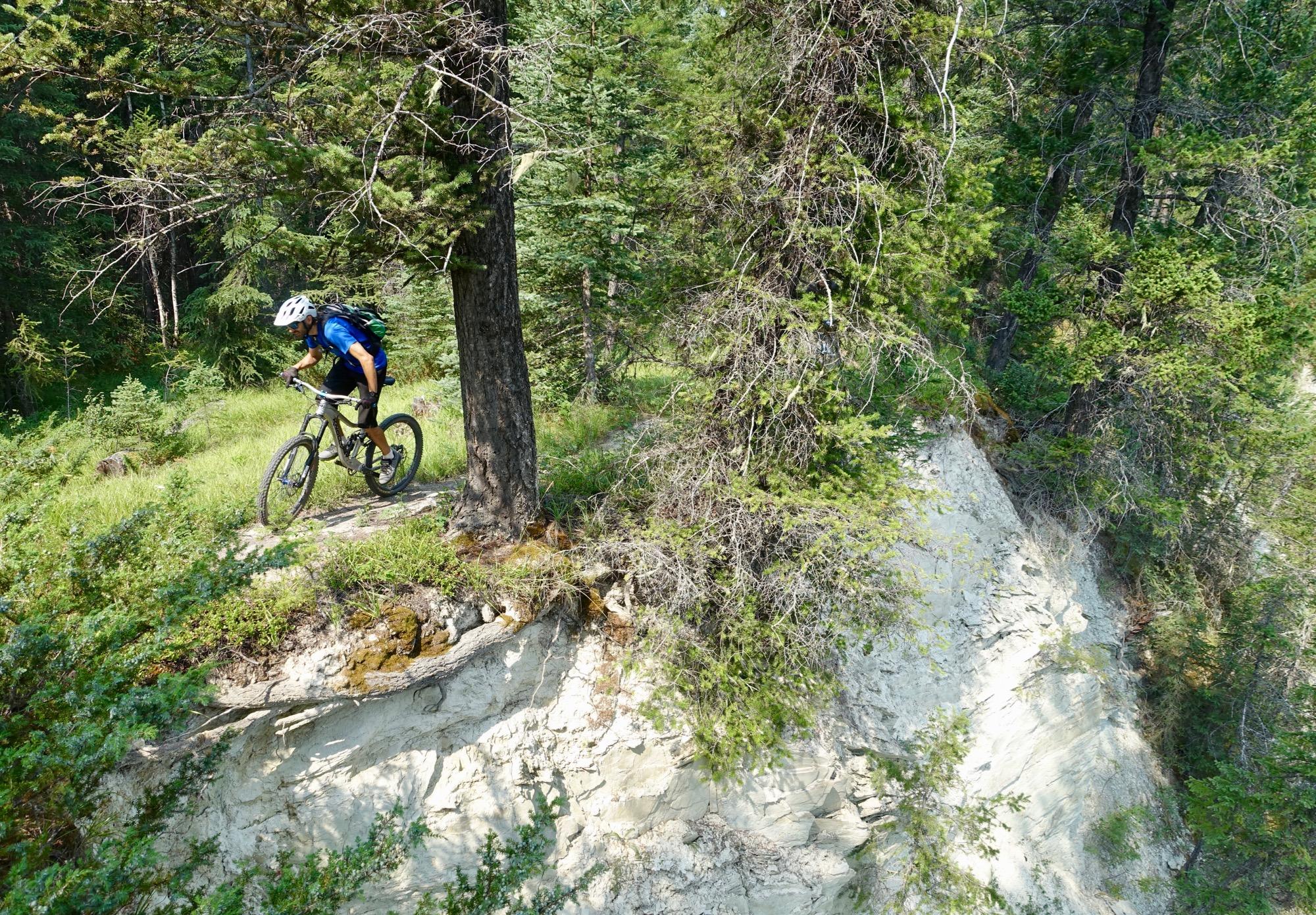 A mountain biker navigating a narrow trail surrounded by lush greenery and tall trees, riding close to a steep, white cliff edge. The rider wears a helmet and blue shirt and appears focused as they maneuver along the path. Nipika Mountain Resort mountain bike trail.