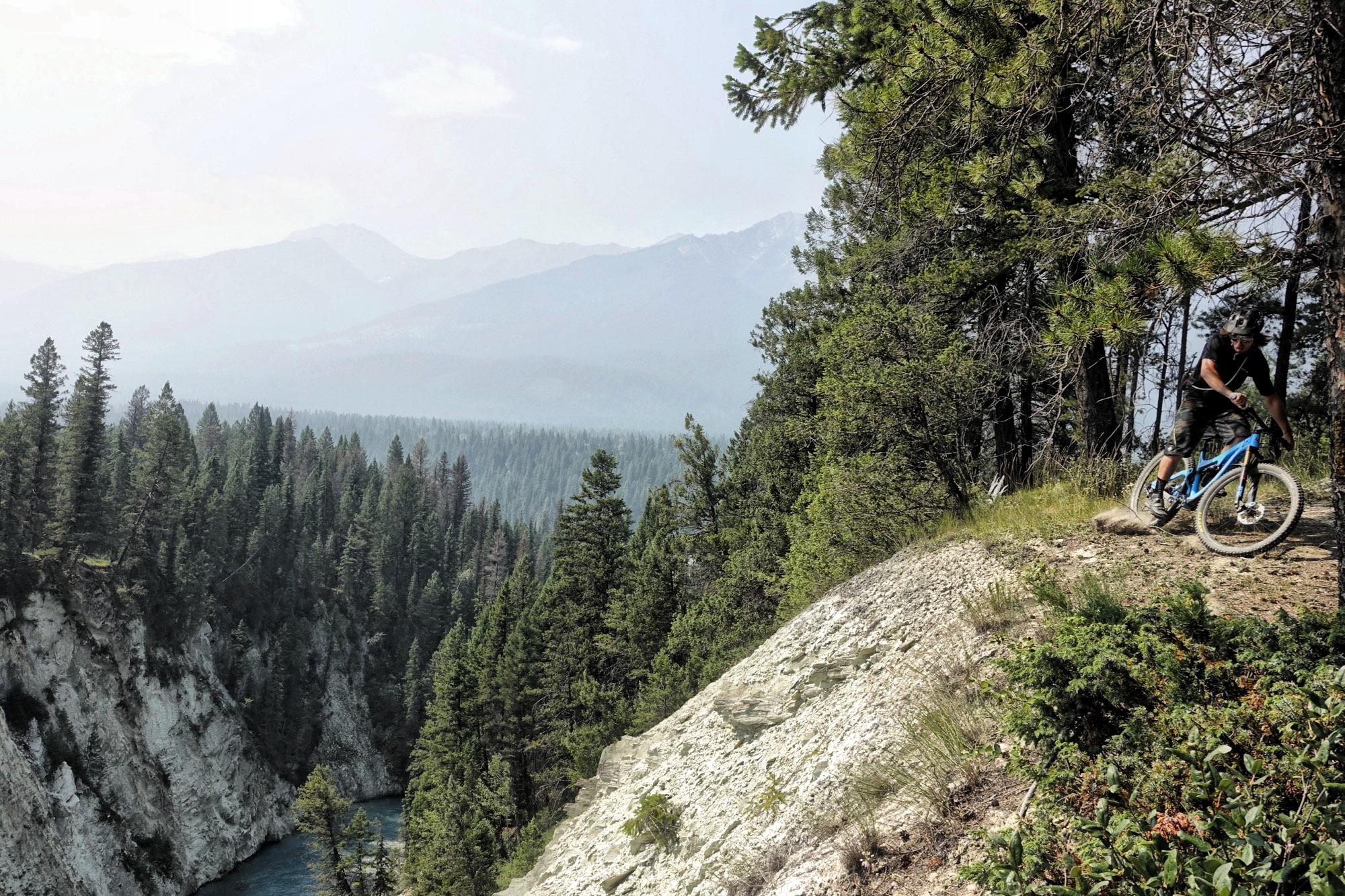 A mountain biker riding along a narrow trail bordered by tall pine trees, with a steep cliff and a river visible below. The background features hazy mountains and a lush forest, creating a serene outdoor scenery. Nipika Mountain Resort mountain bike trail.