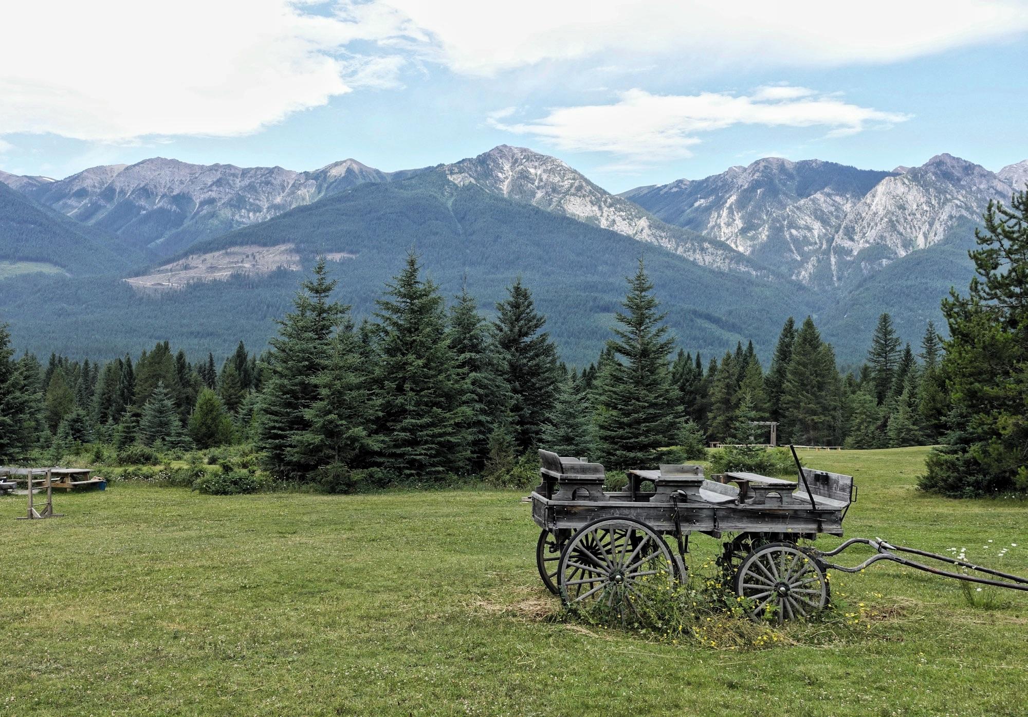 An old wooden wagon sits on green grass in a scenic landscape, with tall evergreen trees surrounding it. In the background, majestic mountains rise under a partly cloudy sky, depicting a tranquil outdoor scene. Nipika Mountain Resort mountain bike trail.