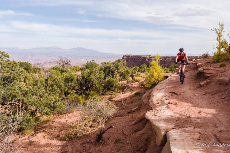 A mountain biker riding along a rocky path in a desert landscape, surrounded by shrubs and trees, with distant mountains and a cloudy sky in the background.
