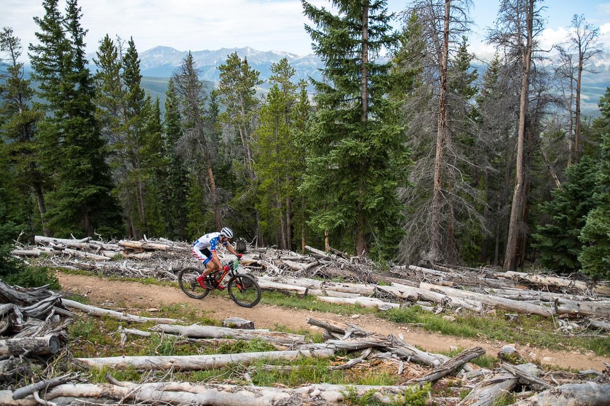 A cyclist navigating a dirt trail through a forested area, surrounded by tall trees and scattered logs. In the background, mountains are visible under a partly cloudy sky. The cyclist is wearing a jersey and helmet, indicating a competitive or outdoor biking activity. Colorado Trail: Kenosha Pass To Breckenridge mountain bike trail.