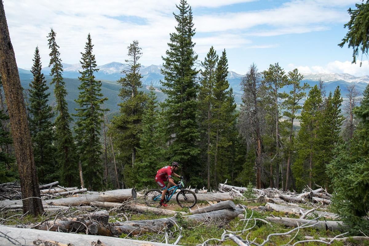 A mountain biker rides along a path surrounded by tall evergreen trees in a lush forest, with fallen logs scattered on the ground and distant mountains visible in the background under a partly cloudy sky. Colorado Trail: Kenosha Pass To Breckenridge mountain bike trail.