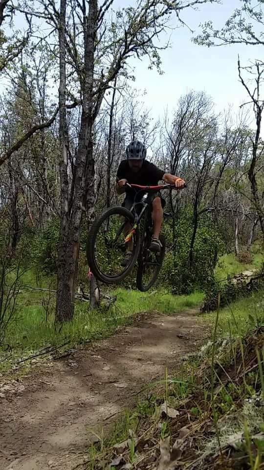 A cyclist in a black helmet and shirt jumps off a dirt trail surrounded by trees and greenery, demonstrating an impressive aerial maneuver on a mountain bike.