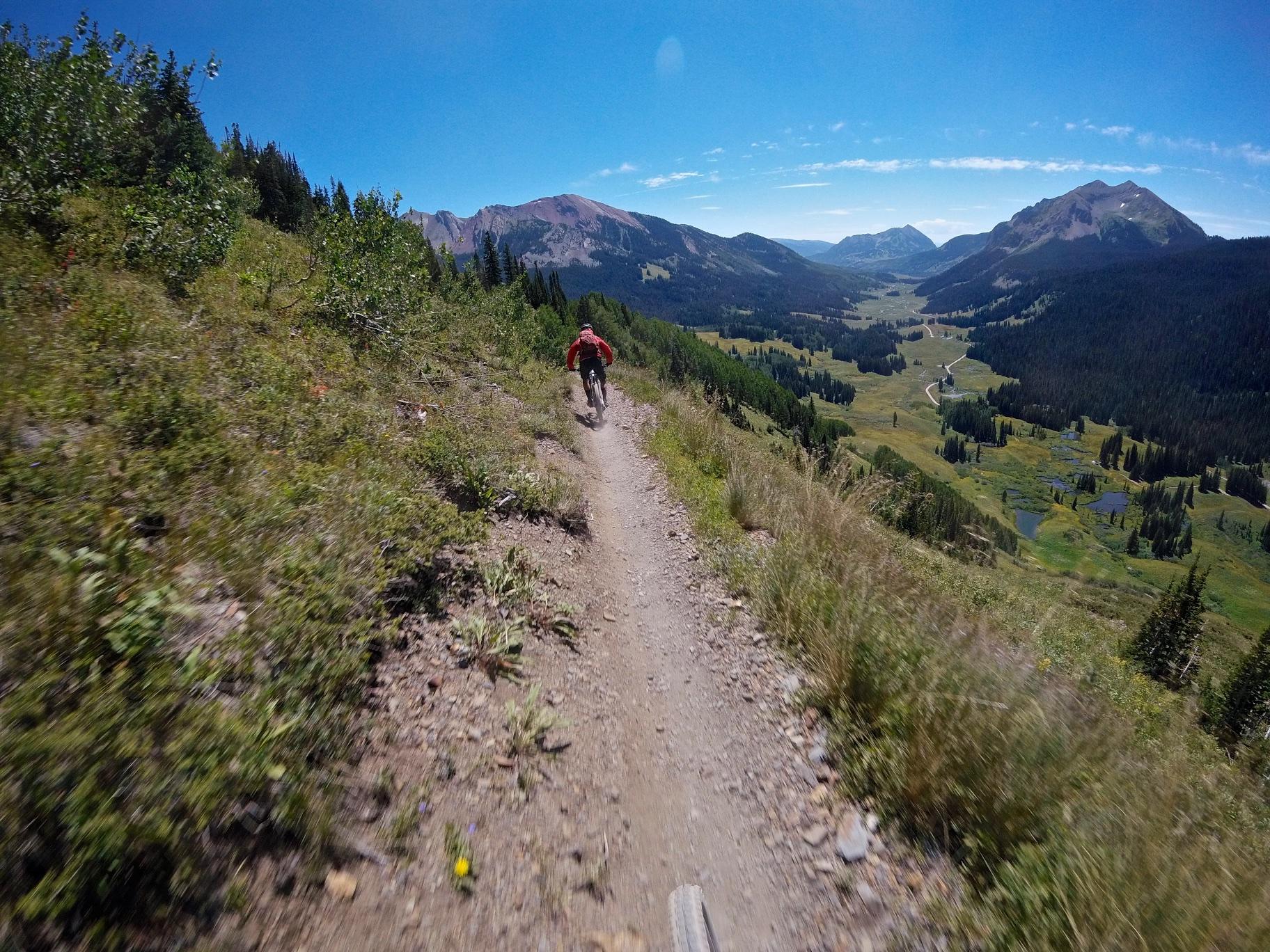 A mountain biker riding down a rugged dirt trail surrounded by lush greenery, with panoramic views of rolling hills and distant mountains under a clear blue sky. Trail 401 mountain bike trail.