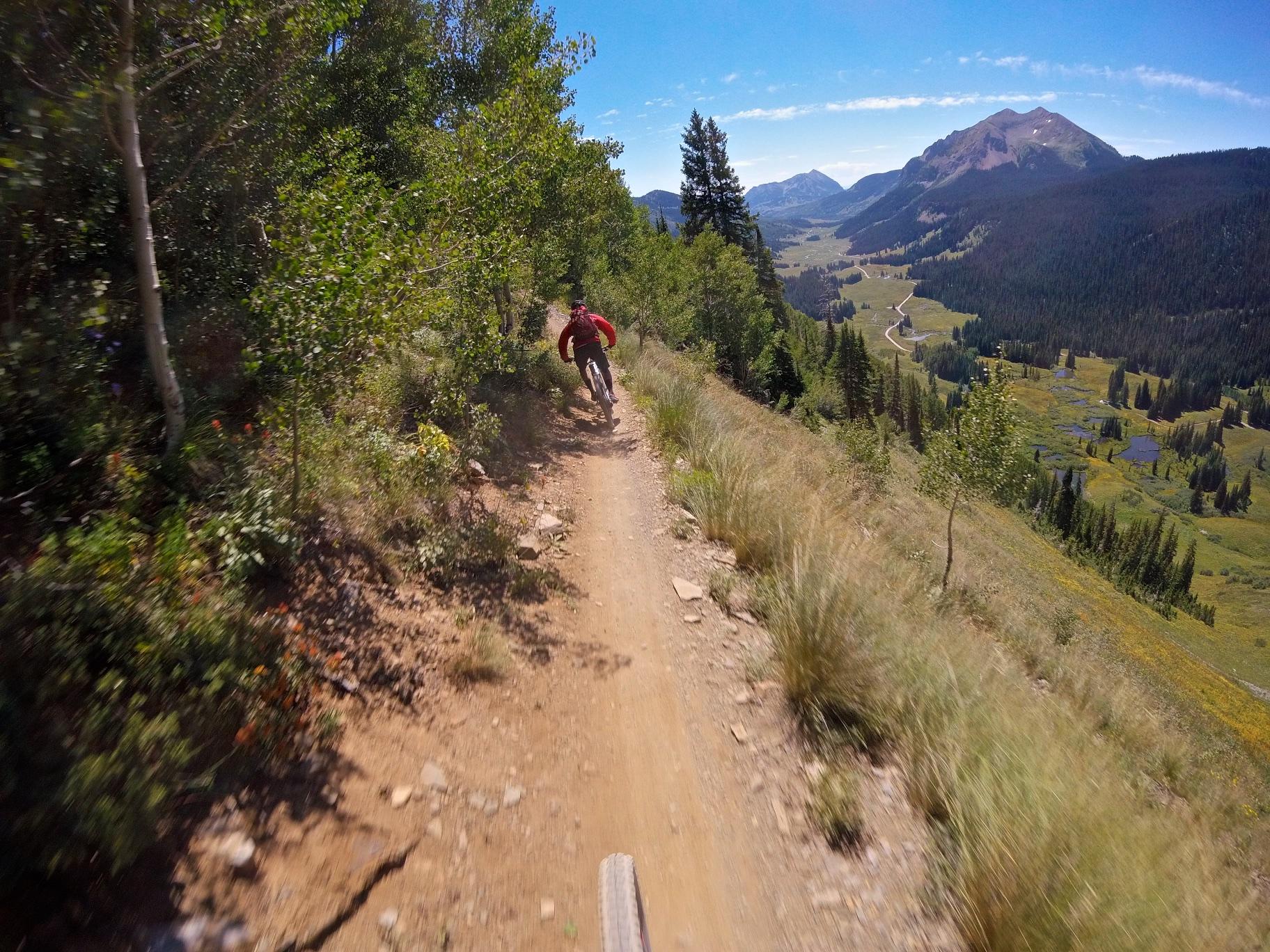 A mountain biker racing down a dirt trail surrounded by trees, with a panoramic view of mountains and a valley in the background on a clear, sunny day. Trail 401 mountain bike trail.