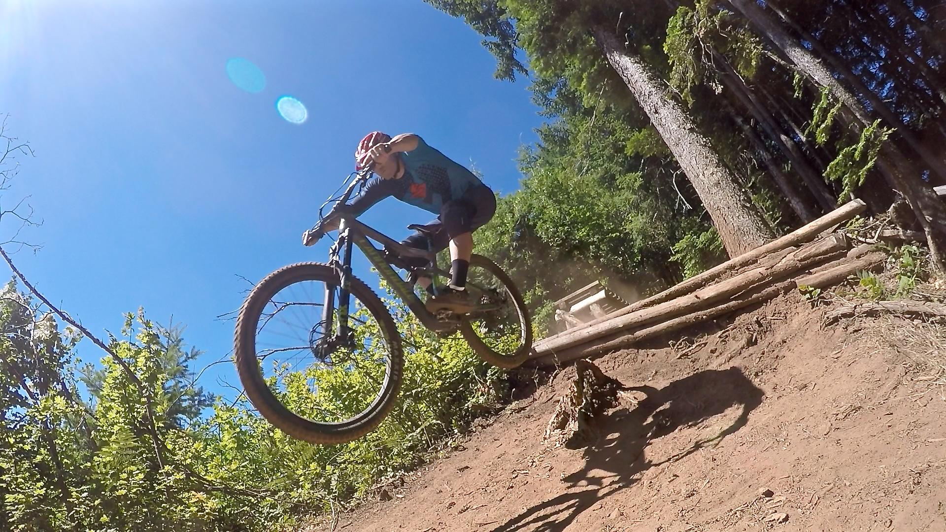 Cannondale Trigger: A mountain biker performing a jump over a dirt ramp in a forested area, with bright blue skies and sunlight filtering through the trees. Dust is kicked up from the ground as the biker approaches the landing.