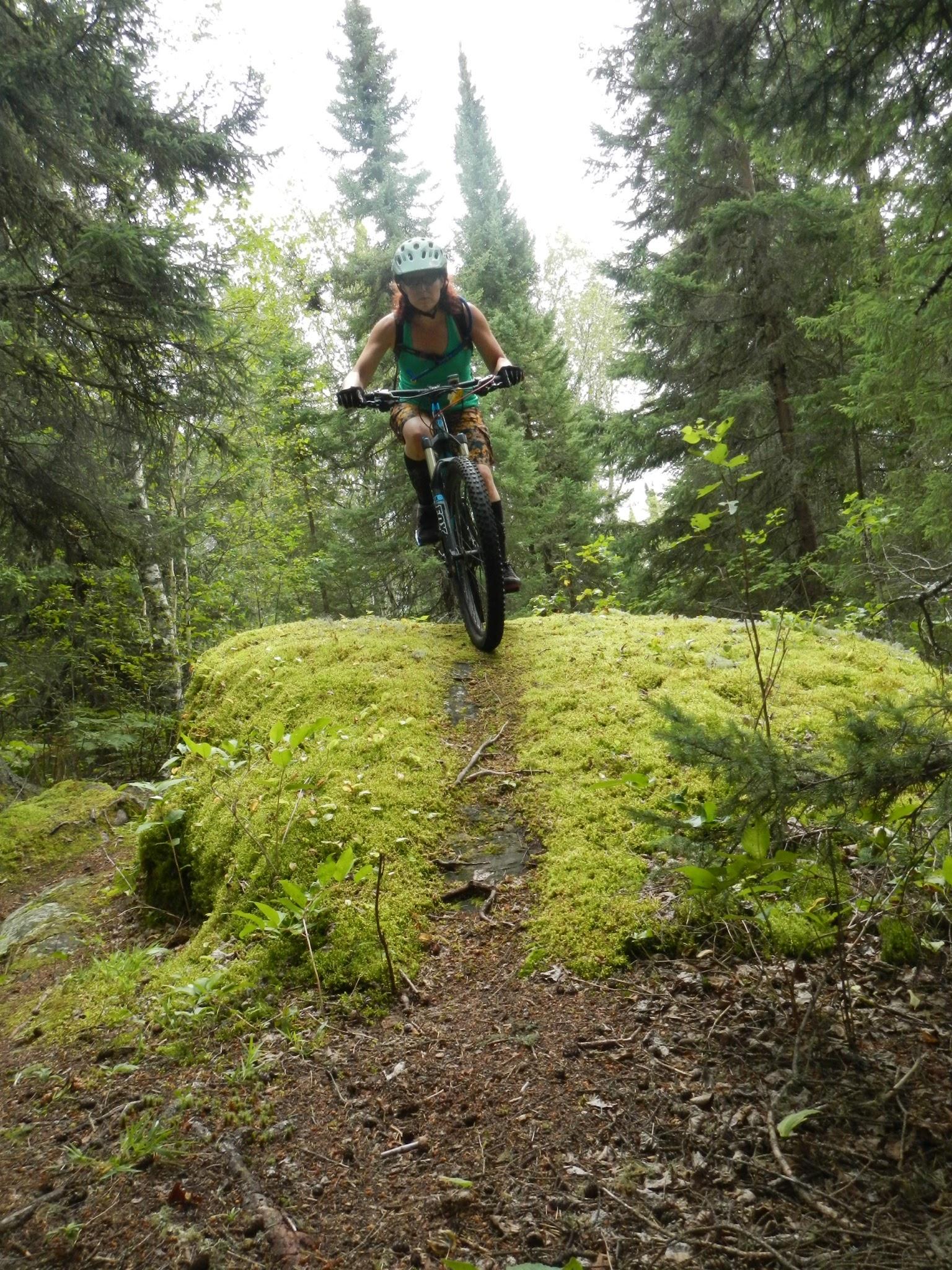 A mountain biker is mid-air as they jump off a moss-covered rock surrounded by dense trees and greenery. The cyclist is wearing a helmet and riding gear, showcasing an adventurous moment in a forested setting. Ghost Lake Trails mountain bike trail.