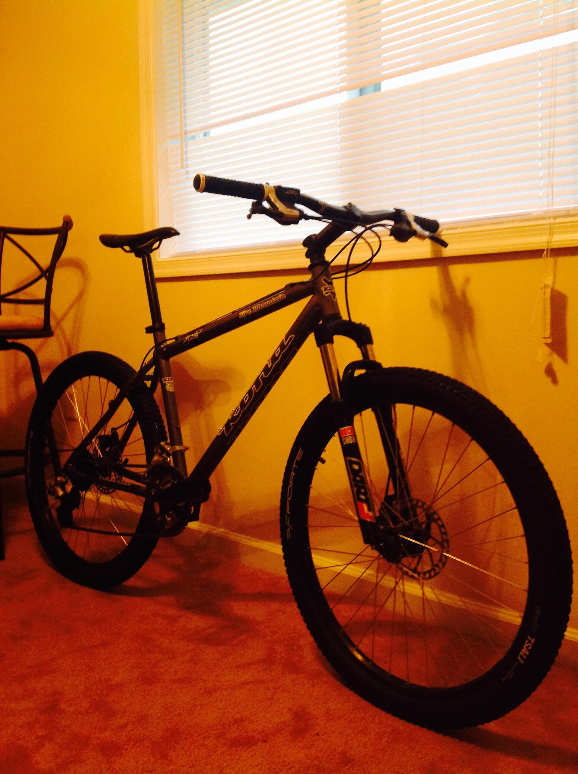 Kona Fire Mountain: A black mountain bike is parked on carpet next to a window with blinds. The bike has thick tires, a sturdy frame, and is positioned at an angle. A metal chair is visible in the background.