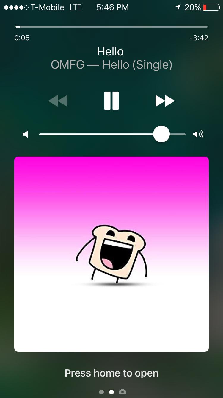 A mobile music player screen displaying the song "Hello" by OMFG. The background features a gradient pink design with an animated cartoon toast character smiling joyfully. Playback controls, including play, pause, and volume settings, are visible at the bottom of the screen. Schaeffer Farms mountain bike trail.