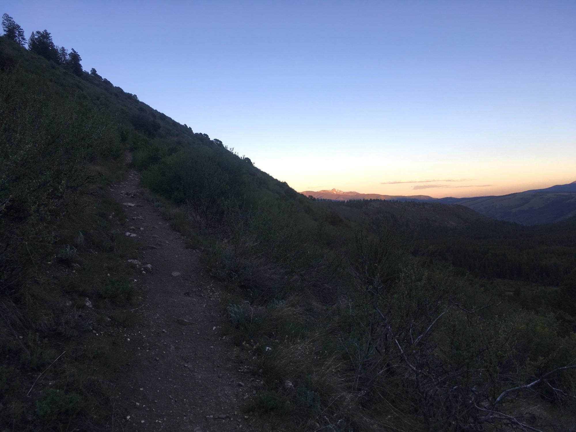 A narrow dirt trail winds up a hillside covered with green bushes and grasses, leading toward mountains in the distance. The sky is transitioning from daylight to dusk, displaying soft hues of blue and orange as the sun sets. Colorado Trail: Hwy 50 to Mt. Shavano Trailhead mountain bike trail.