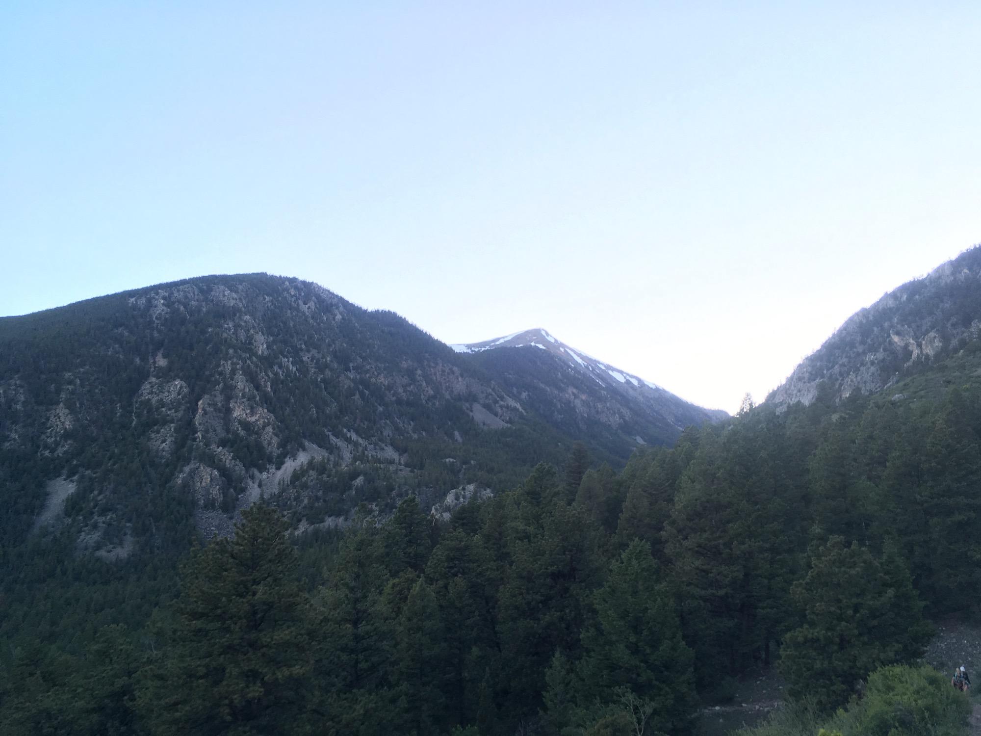 A scenic view of mountainous terrain featuring pine trees in the foreground and steep, rocky slopes leading up to snow-capped peaks against a clear blue sky. Colorado Trail: Hwy 50 to Mt. Shavano Trailhead mountain bike trail.