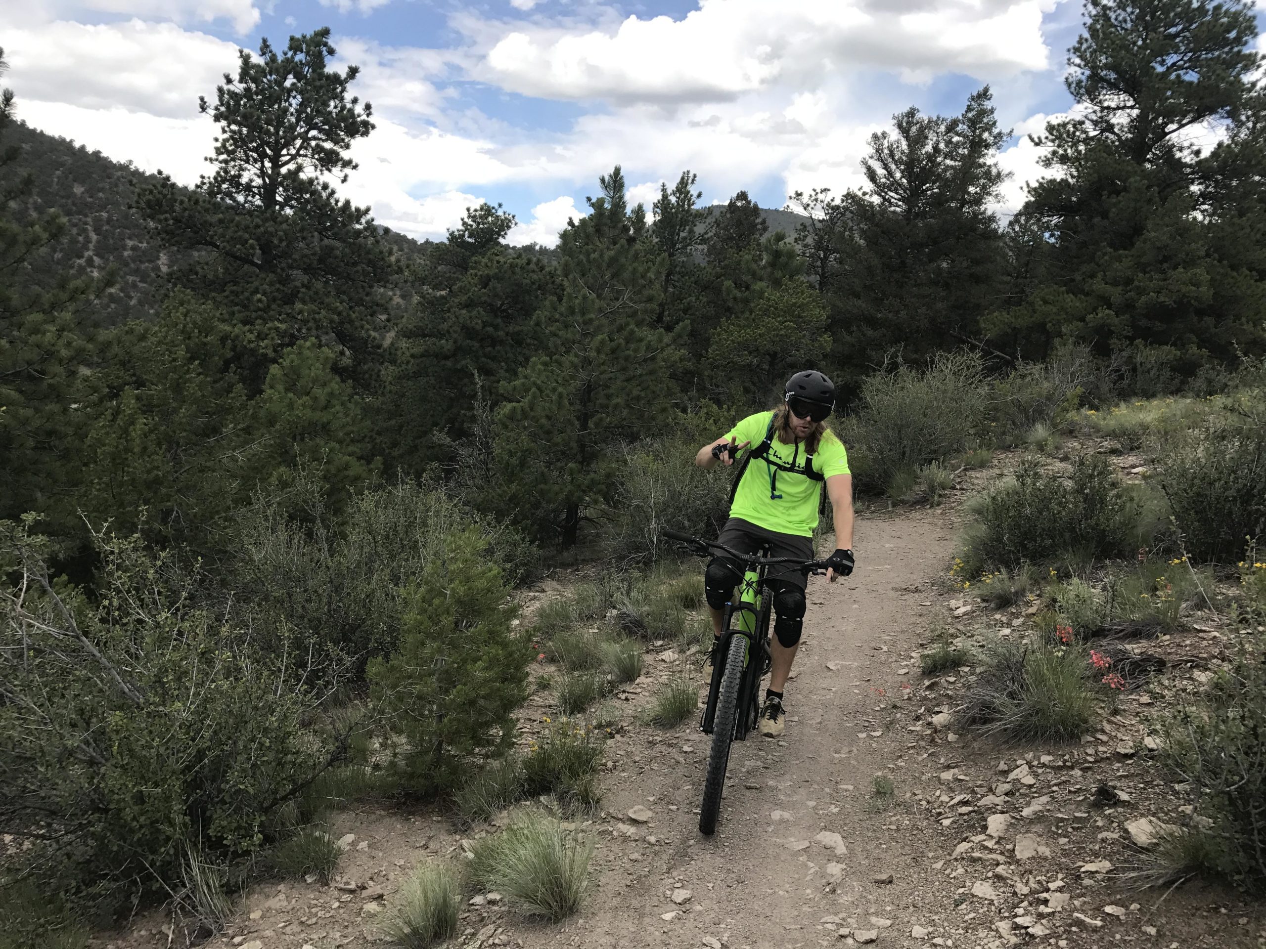 A mountain biker wearing a bright green shirt and a black helmet rides along a dirt trail surrounded by lush greenery and trees. The sky is partly cloudy, and the terrain features rocky patches and small bushes. Arkansas Hills mountain bike trail.