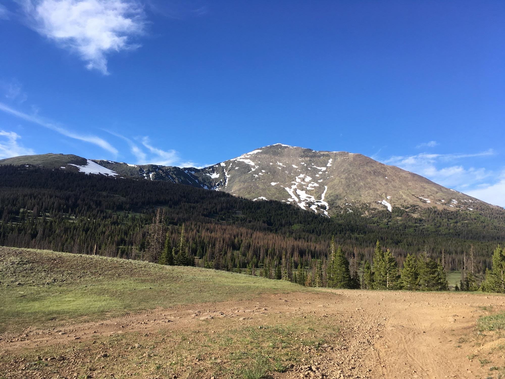A scenic view of a mountain landscape under a clear blue sky, featuring areas of snow on the mountain peak, surrounded by green forests and a dirt path in the foreground. Marshall Pass Road / #200 / #203 / #243 mountain bike trail.
