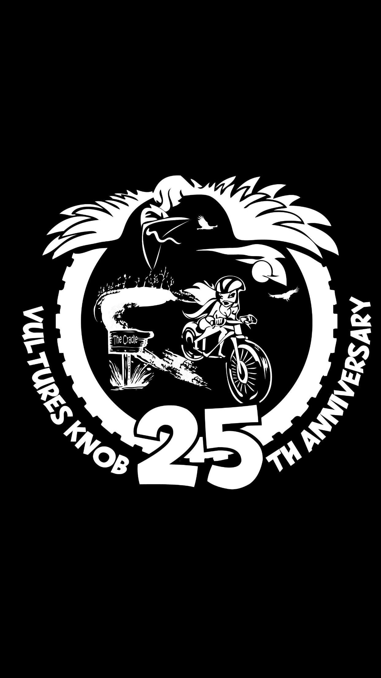 Logo design celebrating the 25th anniversary of Vultures Knob, featuring an illustration of a mountain biker riding near a sign labeled "The Cradle," surrounded by artistic elements like birds and foliage, all set against a black background. Vultures Knob mountain bike trail.