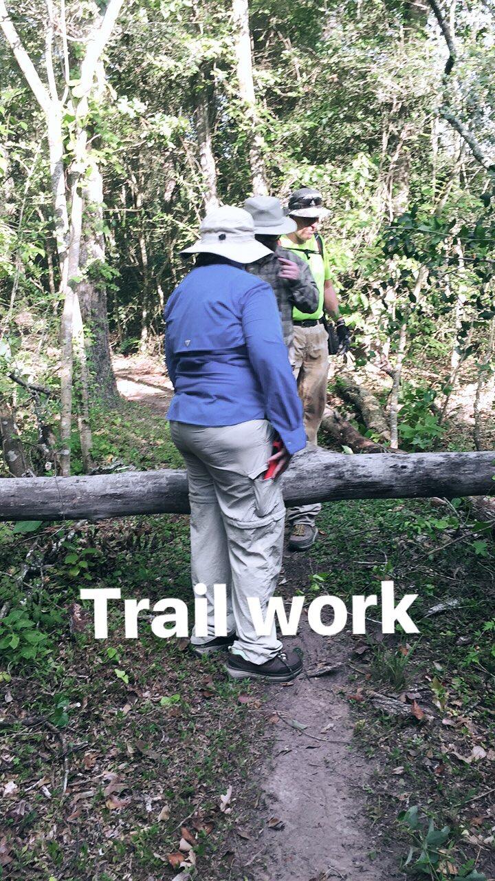 Two individuals are working on trail maintenance in a wooded area. One person, wearing a blue long-sleeve shirt and a hat, stands in front of a fallen log, while another, dressed in a green safety vest, is observing and discussing the work. Green foliage surrounds the trail, indicating a natural setting. The words "Trail work" are overlaid in white text.