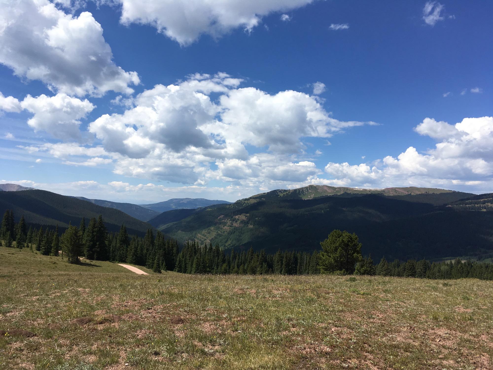 A panoramic view of rolling green hills and dense evergreen trees under a partly cloudy sky. The landscape features a dirt path winding through the grassy terrain, leading into the distant mountains. Soft clouds hover above, creating a serene and picturesque natural scene. Reno / Flag / Bear / Deadman Loop mountain bike trail.