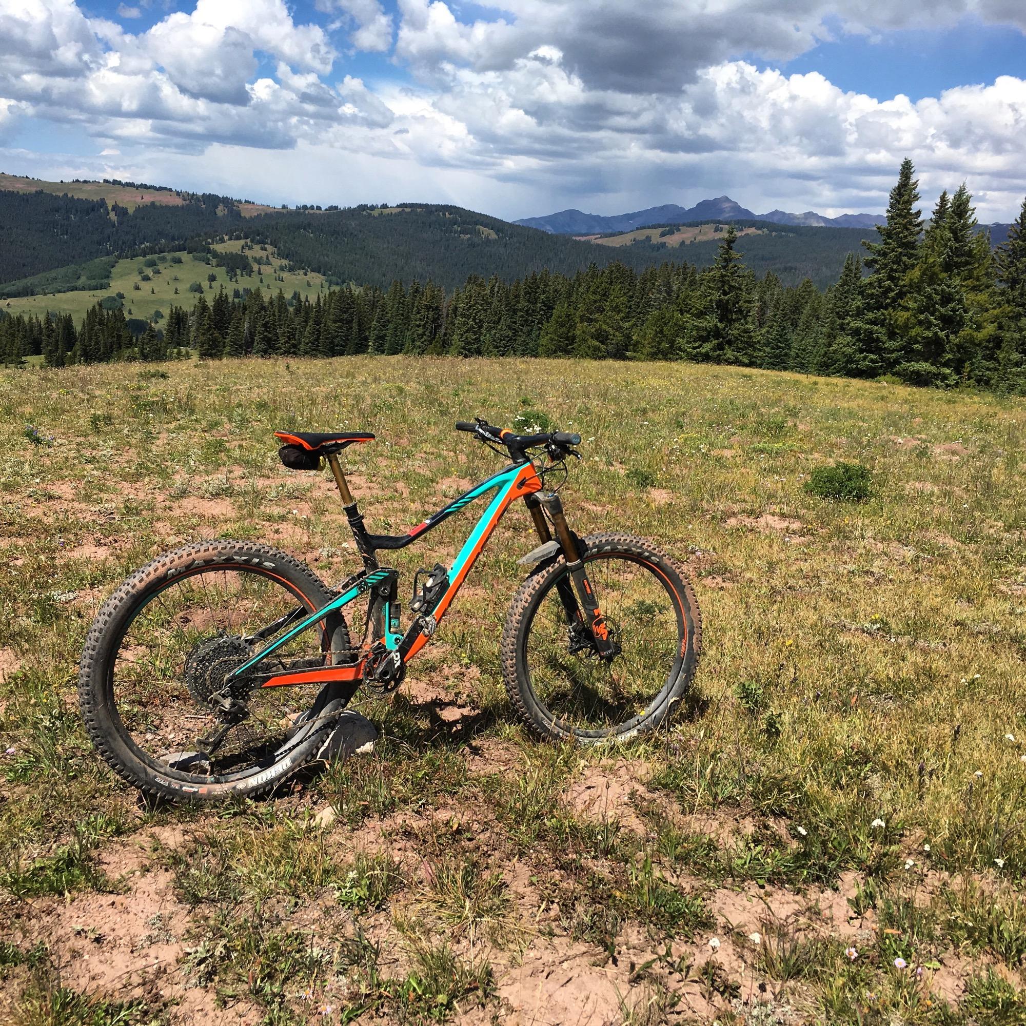 A mountain bike parked on a grassy field with a scenic view of rolling hills and mountains in the background. The sky is partly cloudy, and there are trees lining the horizon. Reno / Flag / Bear / Deadman Loop mountain bike trail.