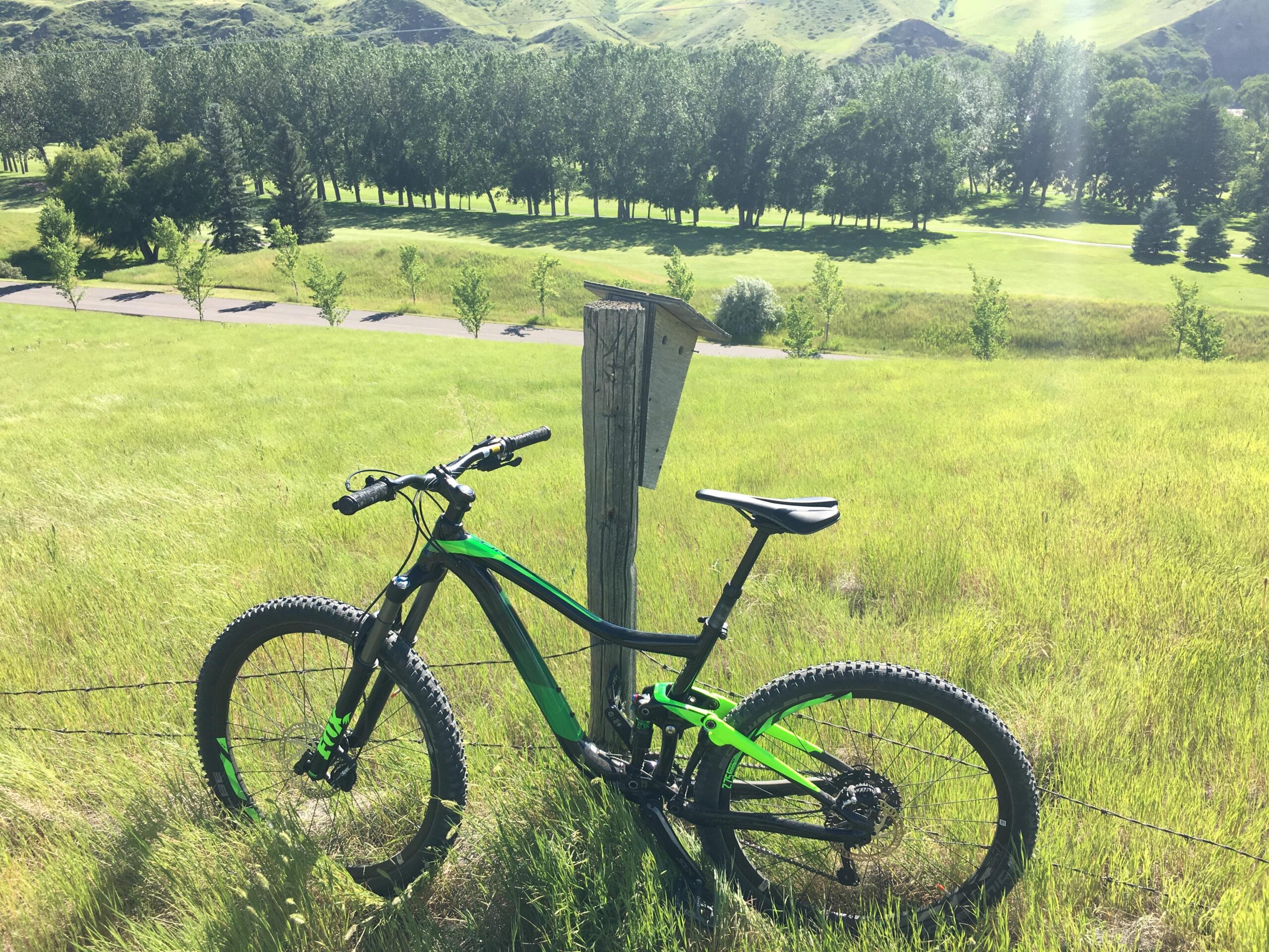 Giant Trance 27.5 2: A black mountain bike with green accents is leaning against a wooden post in a grassy field. In the background, there are rolling hills and a tree-lined pathway. The scene is bright and sunny, showcasing a beautiful outdoor setting.