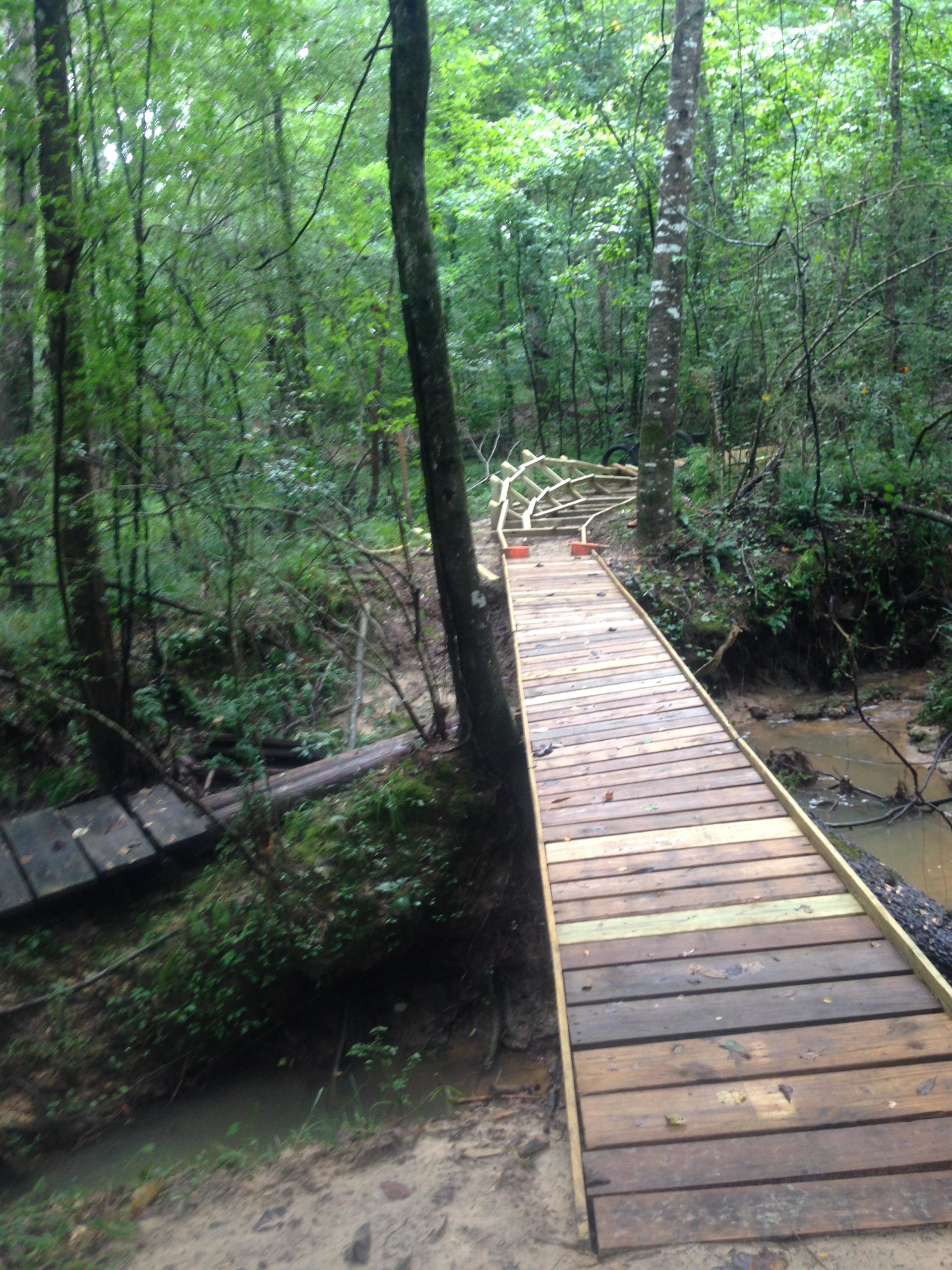 A wooden boardwalk winding through a lush forest, connecting two sides of a small creek. The area is surrounded by dense greenery, including tall trees and undergrowth, creating a serene natural environment. Mt. Zion Bike Trails mountain bike trail.
