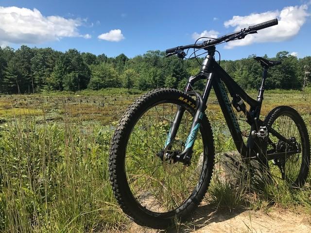 Santa Cruz Bronson 2 CC: A mountain bike parked on a dirt path, surrounded by tall grass and a scenic view of a lush green landscape with trees and a blue sky scattered with clouds in the background.