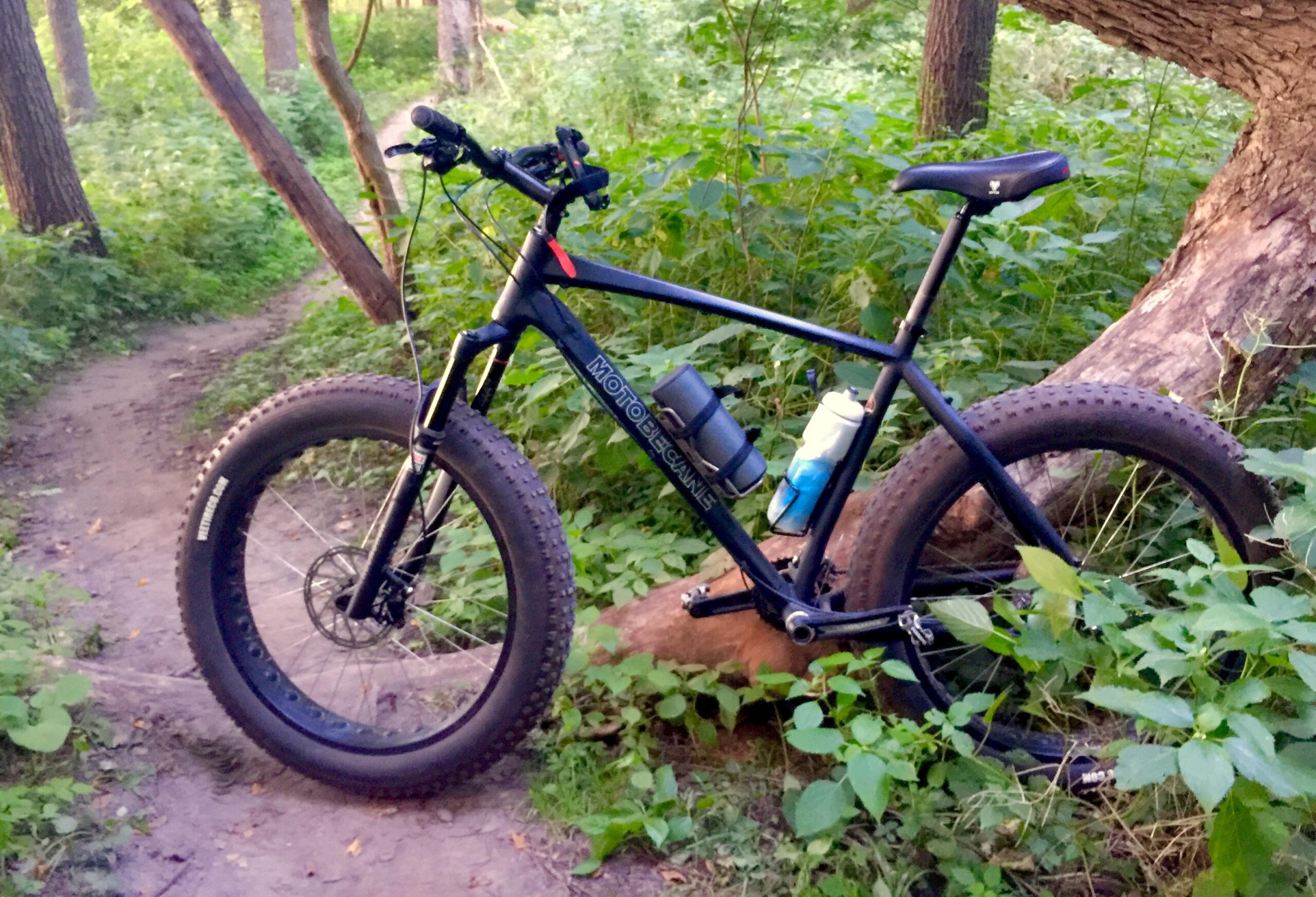 Motobecane NightTrain Bullet: A black fat bike with wide tires is leaning against a tree in a lush, green forest setting. The bike has a water bottle mounted on the frame and is positioned on a dirt trail surrounded by thick vegetation.